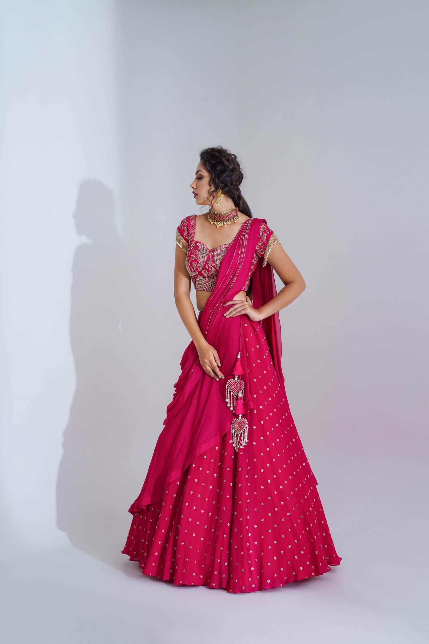 Fuchsia Embroidered Layered Lehenga Set