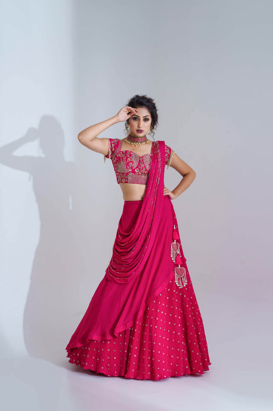 Fuchsia Embroidered Layered Lehenga Set