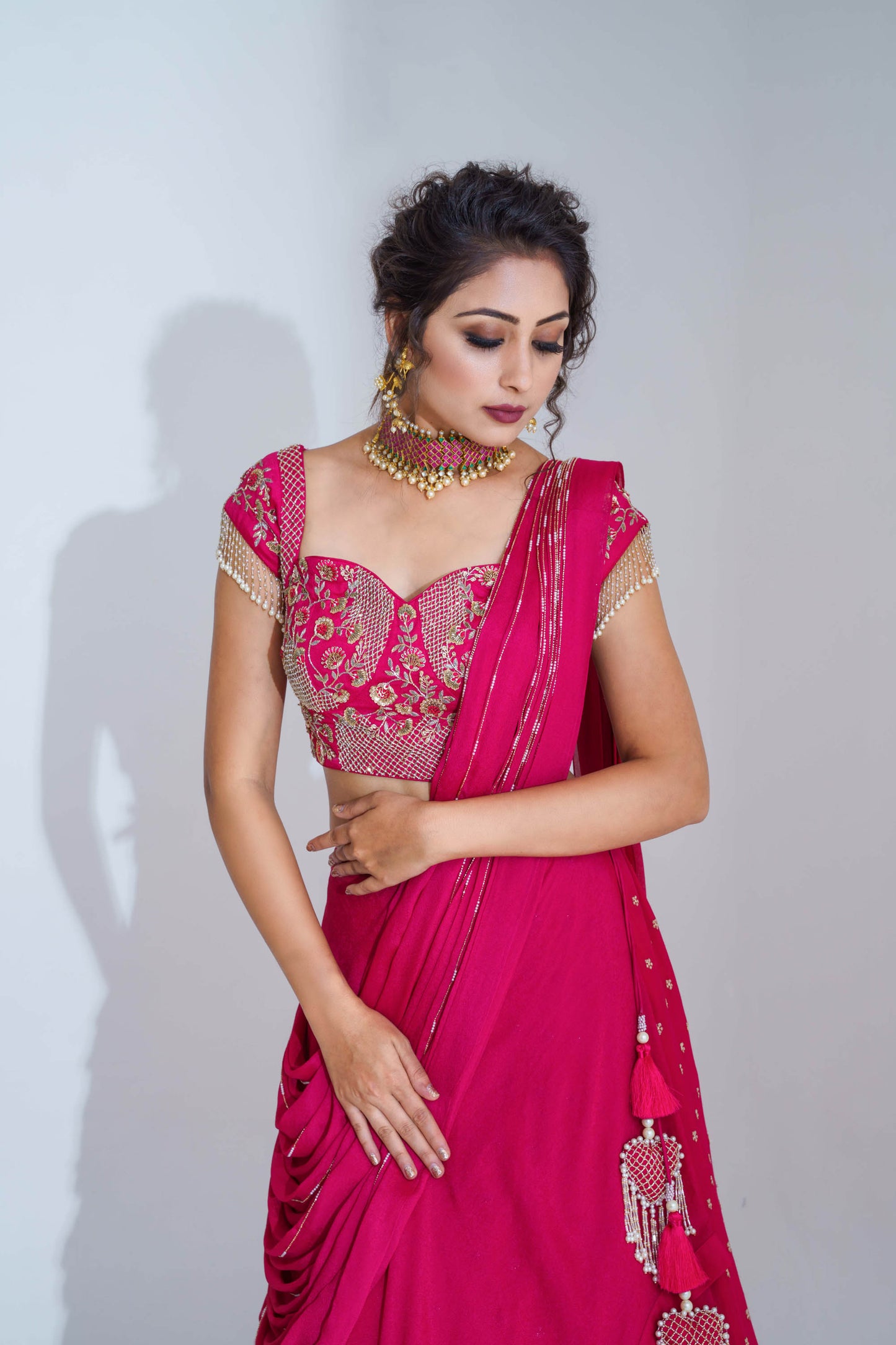 Fuchsia Embroidered Layered Lehenga Set