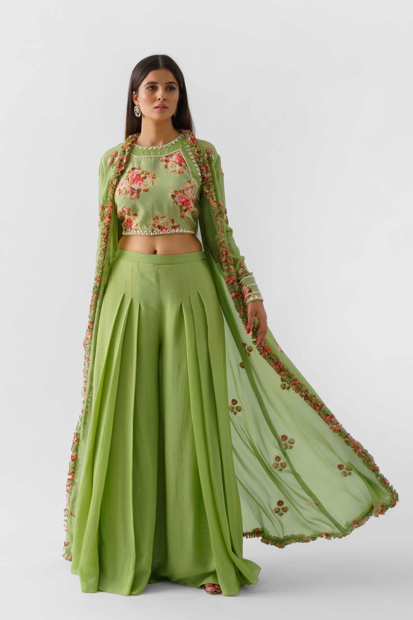Green Georgette Embroidered Jacket Set