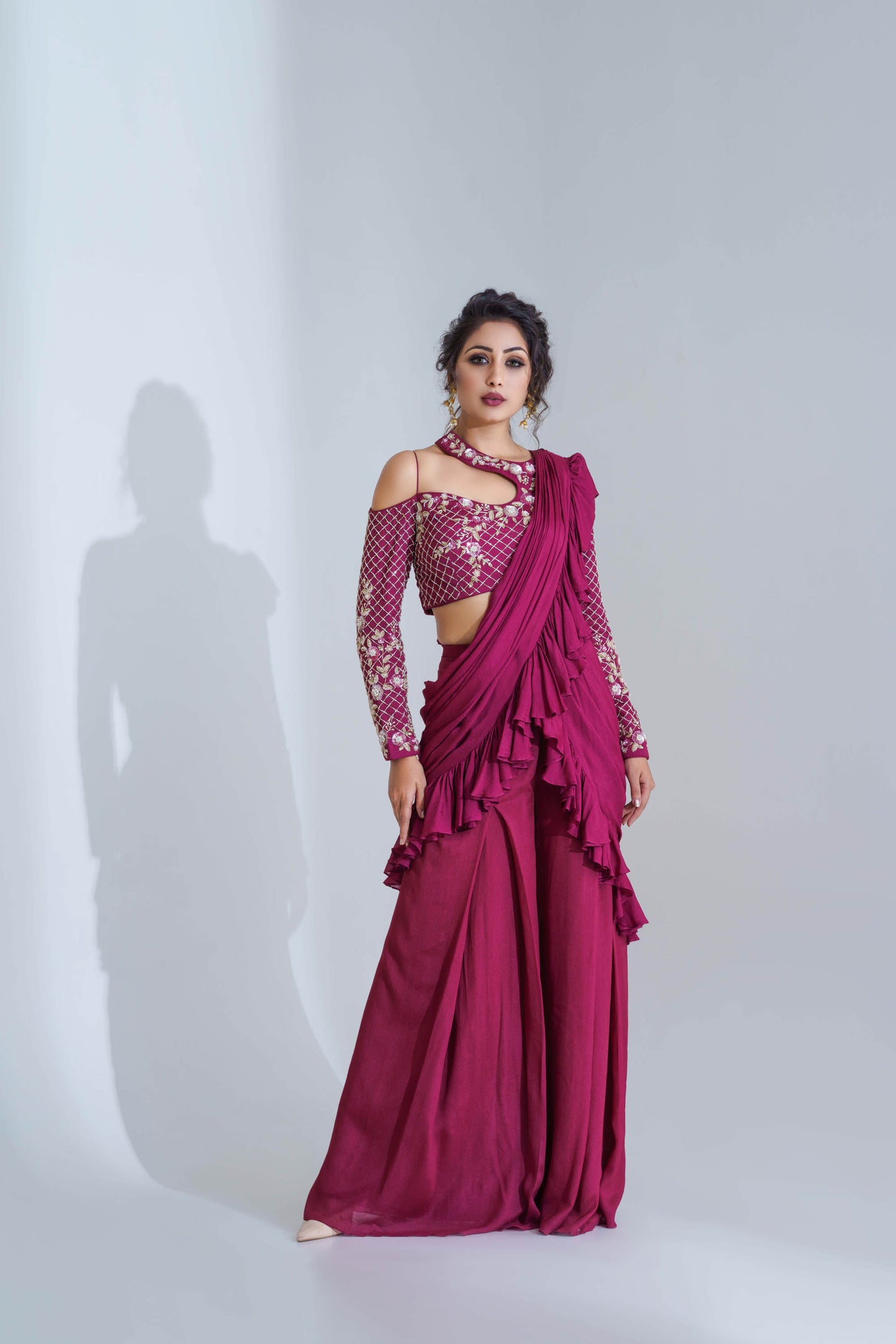 Wine Ruffled Pant Saree Set