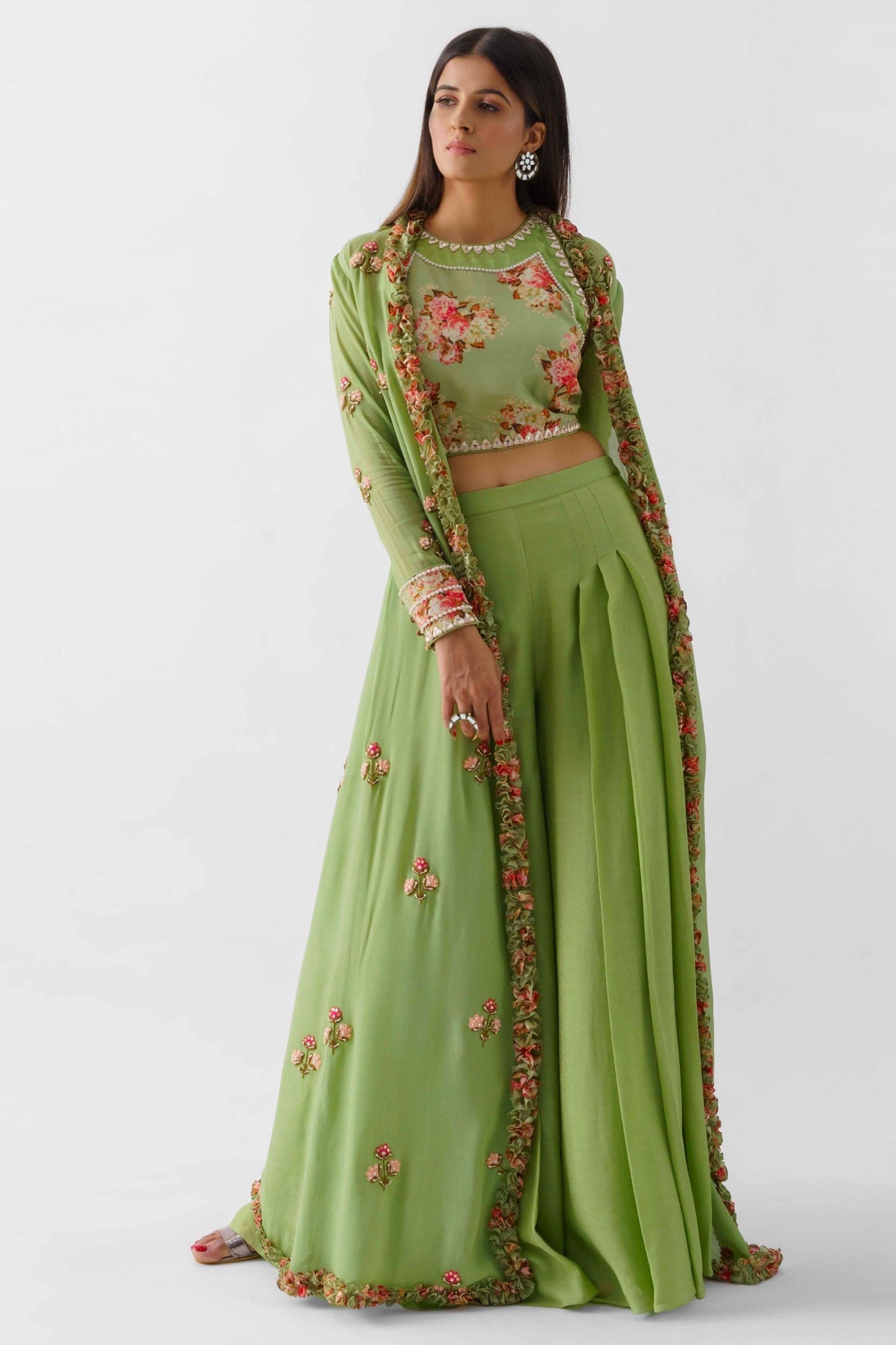 Green Georgette Embroidered Jacket Set