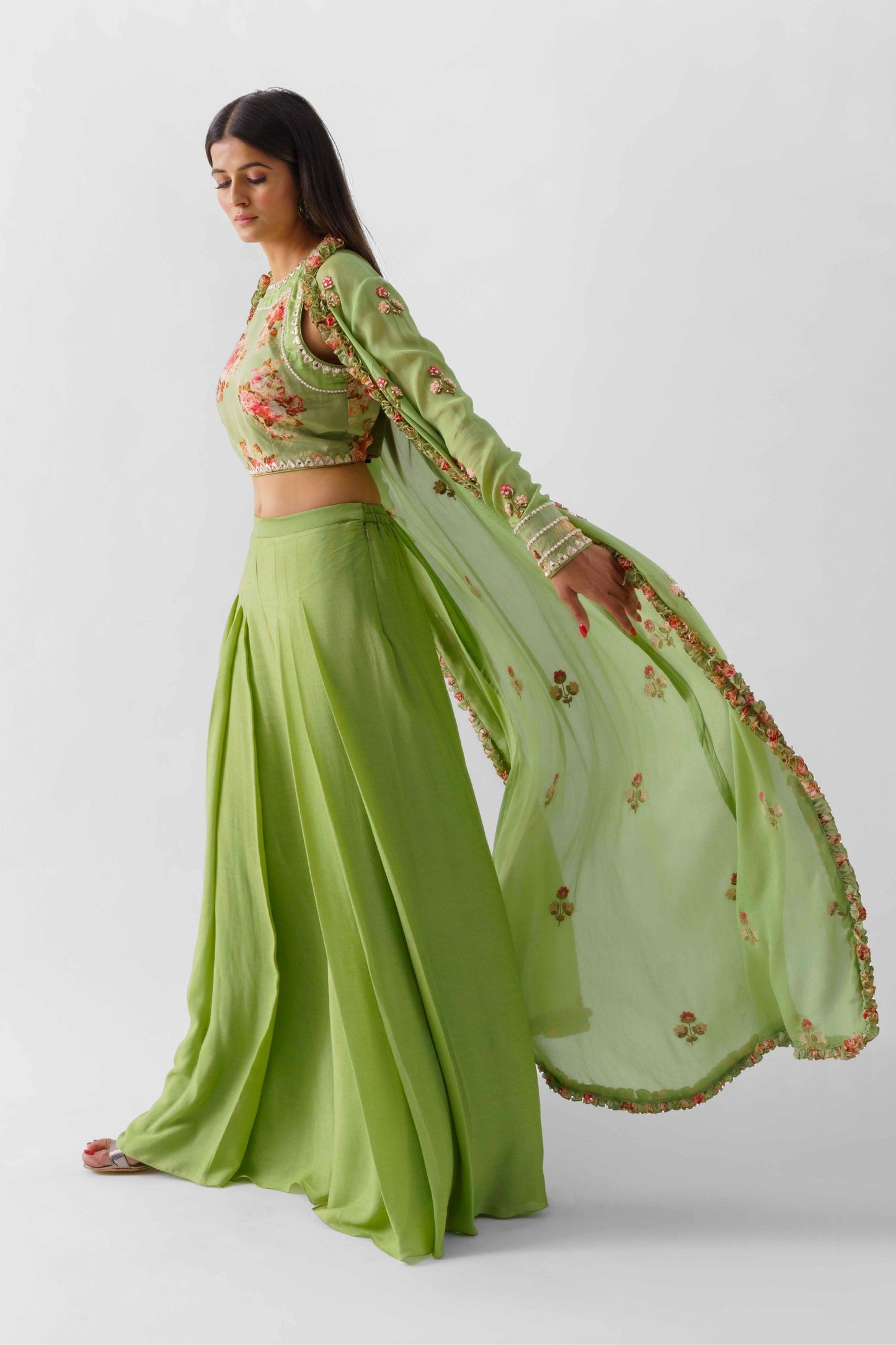 Green Georgette Embroidered Jacket Set
