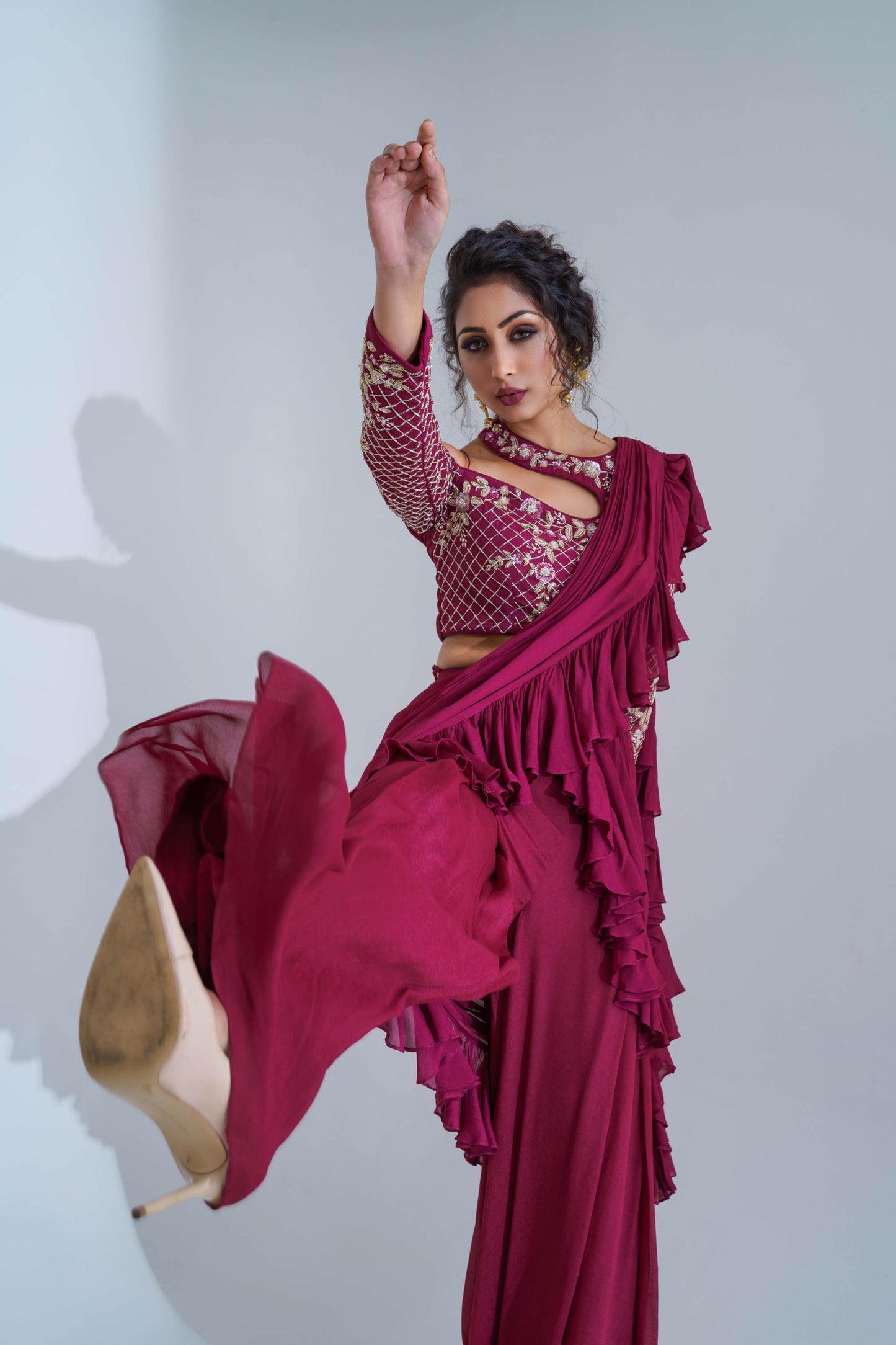 Wine Ruffled Pant Saree Set