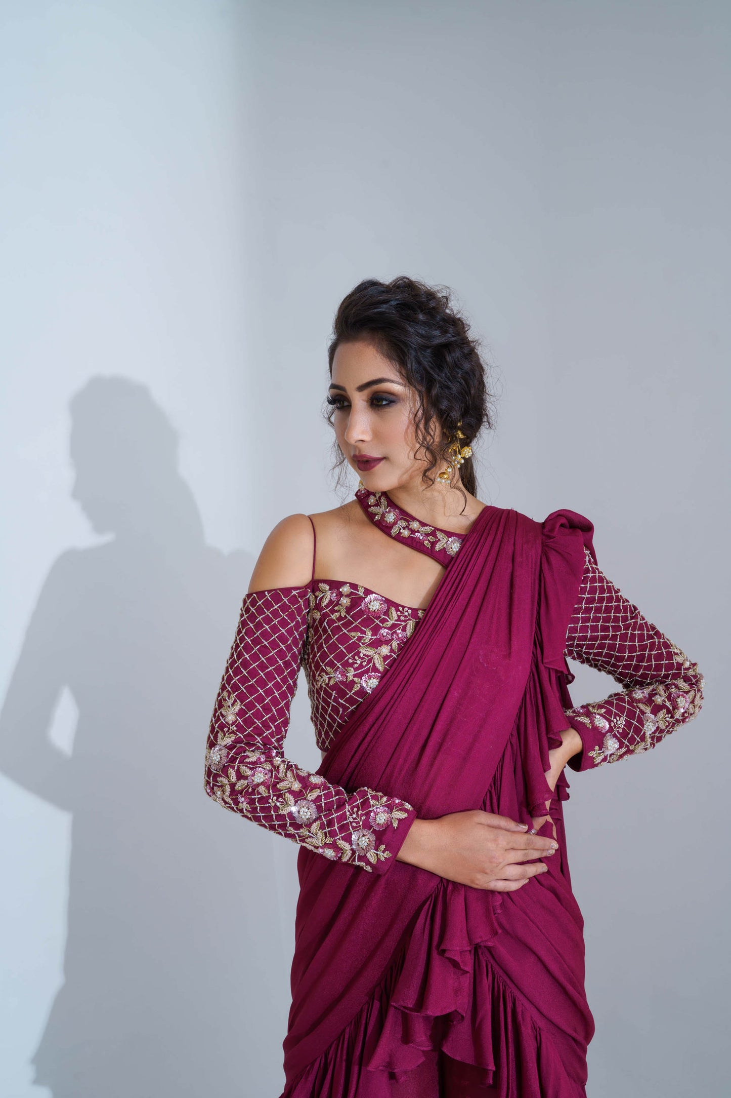 Wine Ruffled Pant Saree Set