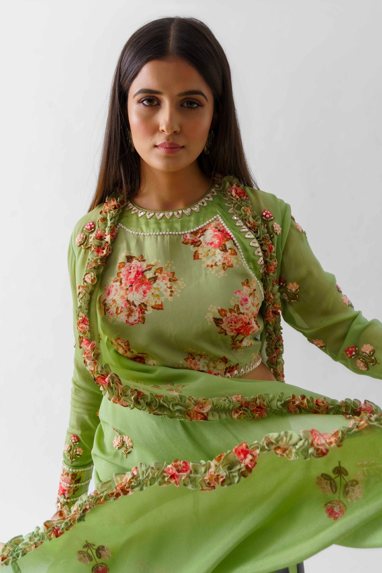 Green Georgette Embroidered Jacket Set