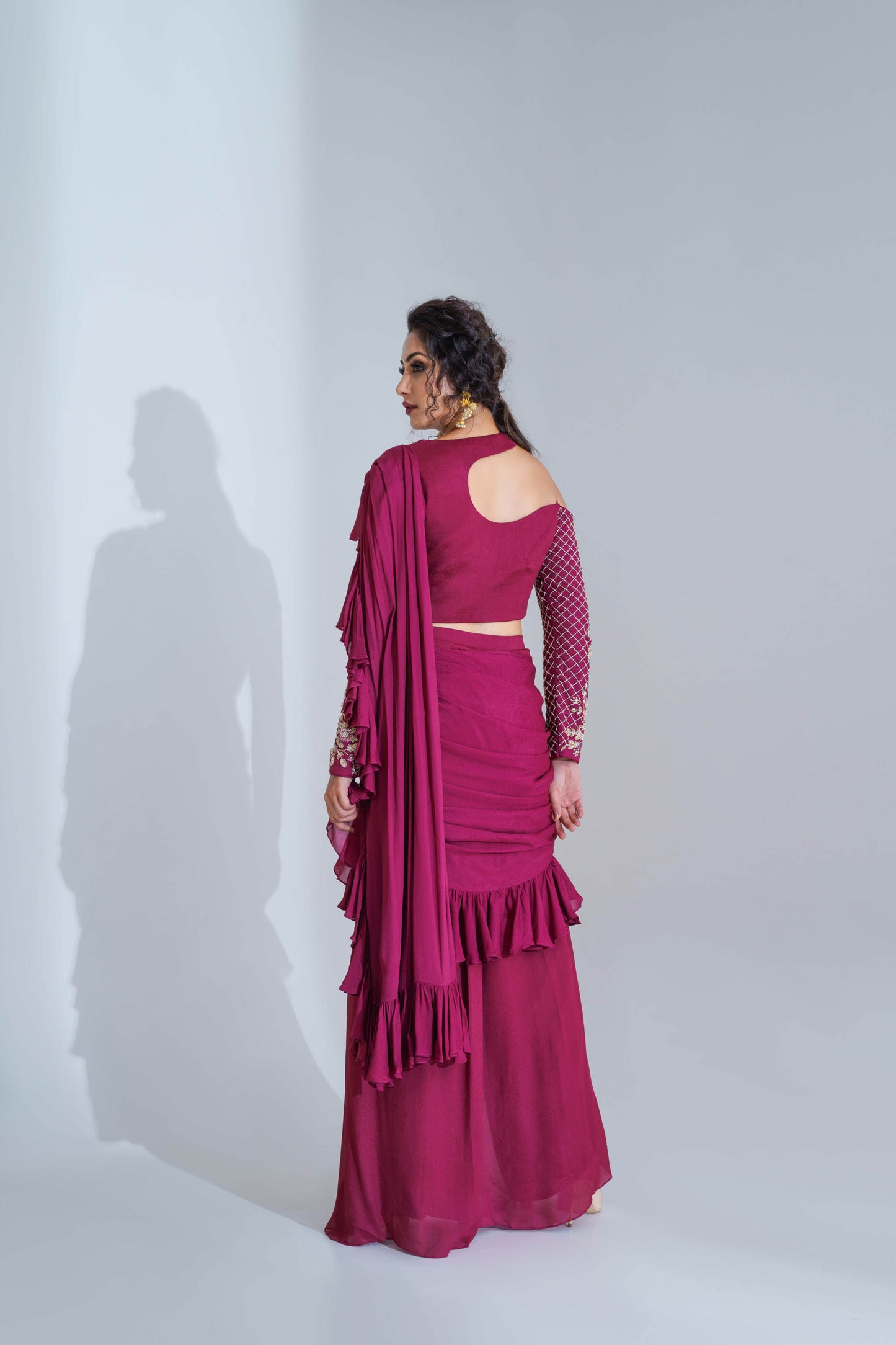 Wine Ruffled Pant Saree Set