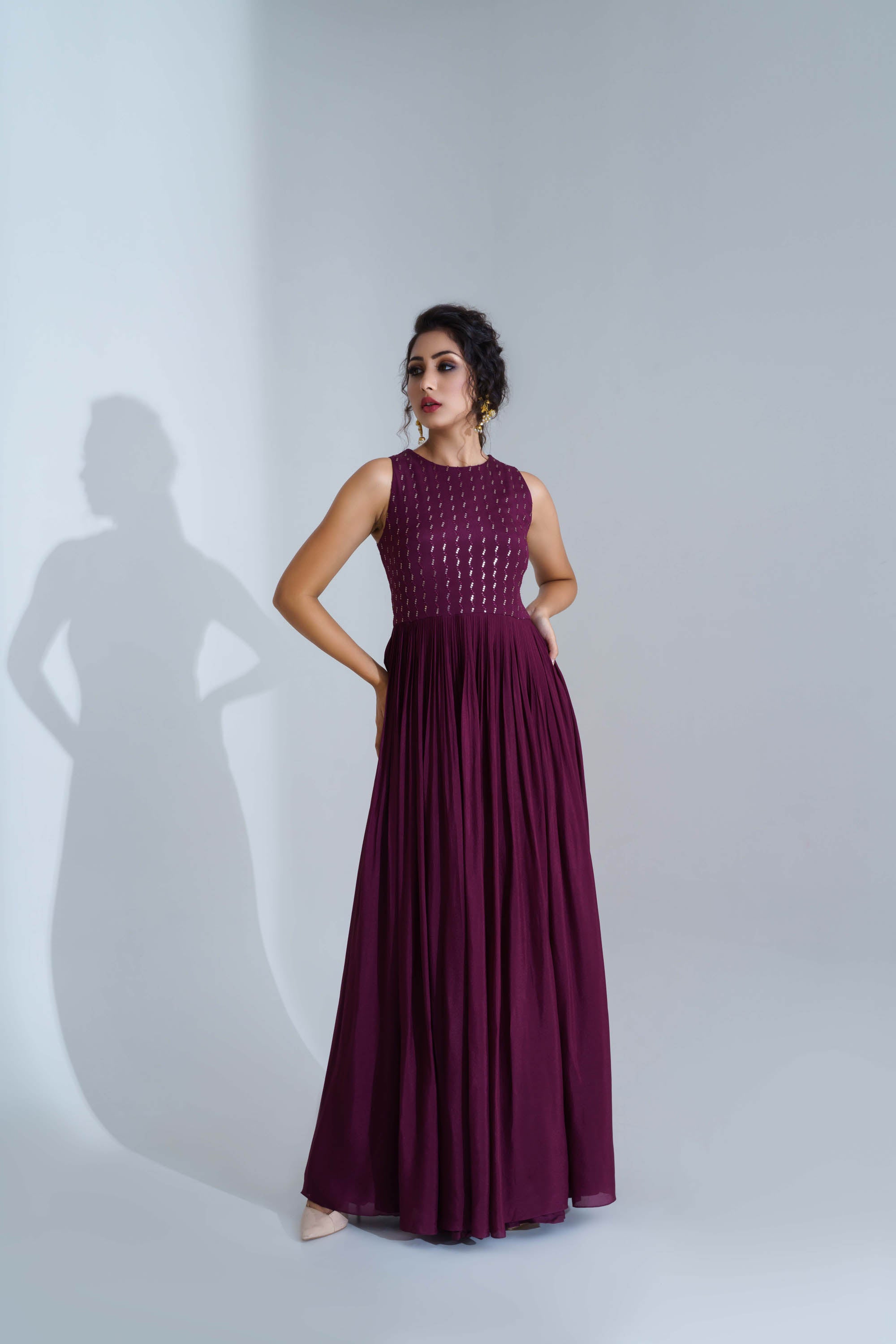 Wine Embroidered Flared Dress