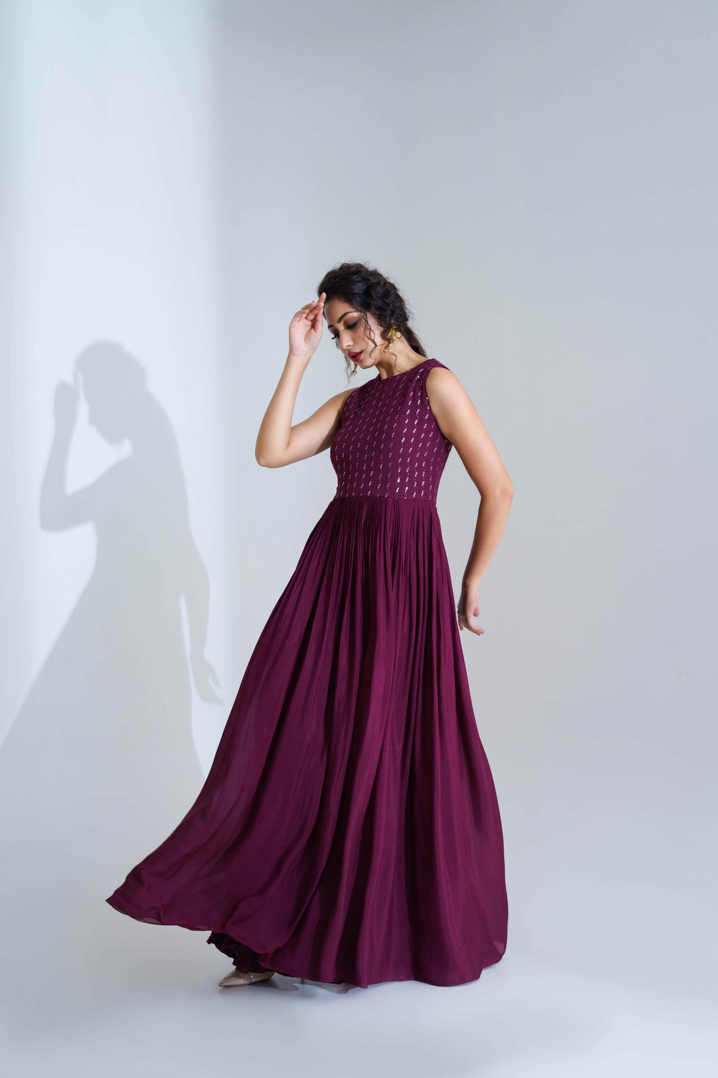 Wine Embroidered Flared Dress