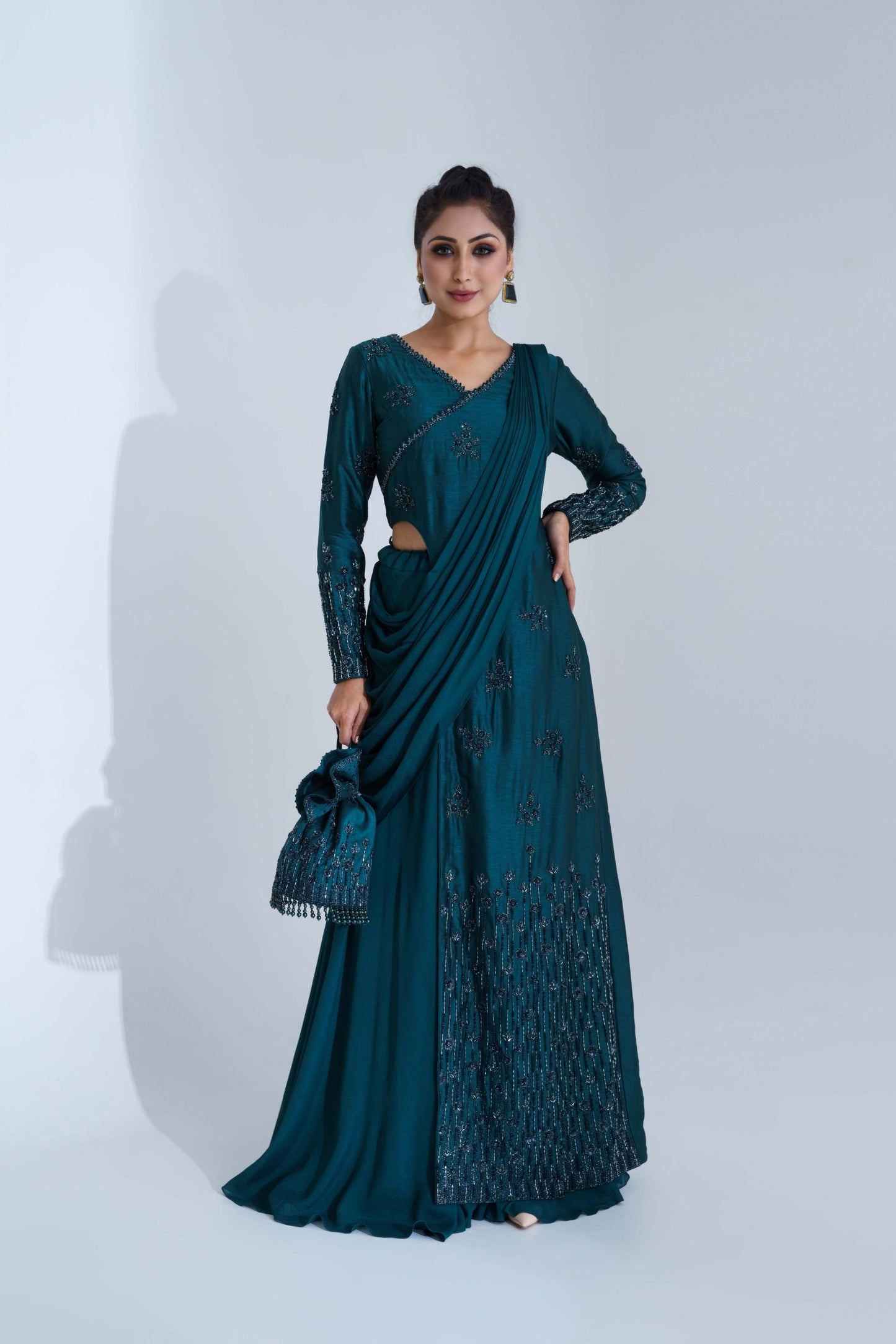 Bottle Green Pre Drape Jacket Saree
