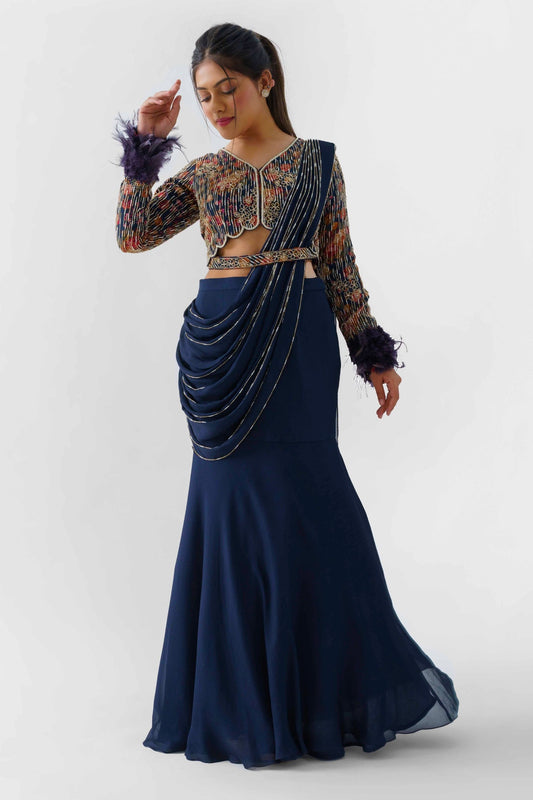 Navy Blue Pre Drape Skirt Saree
