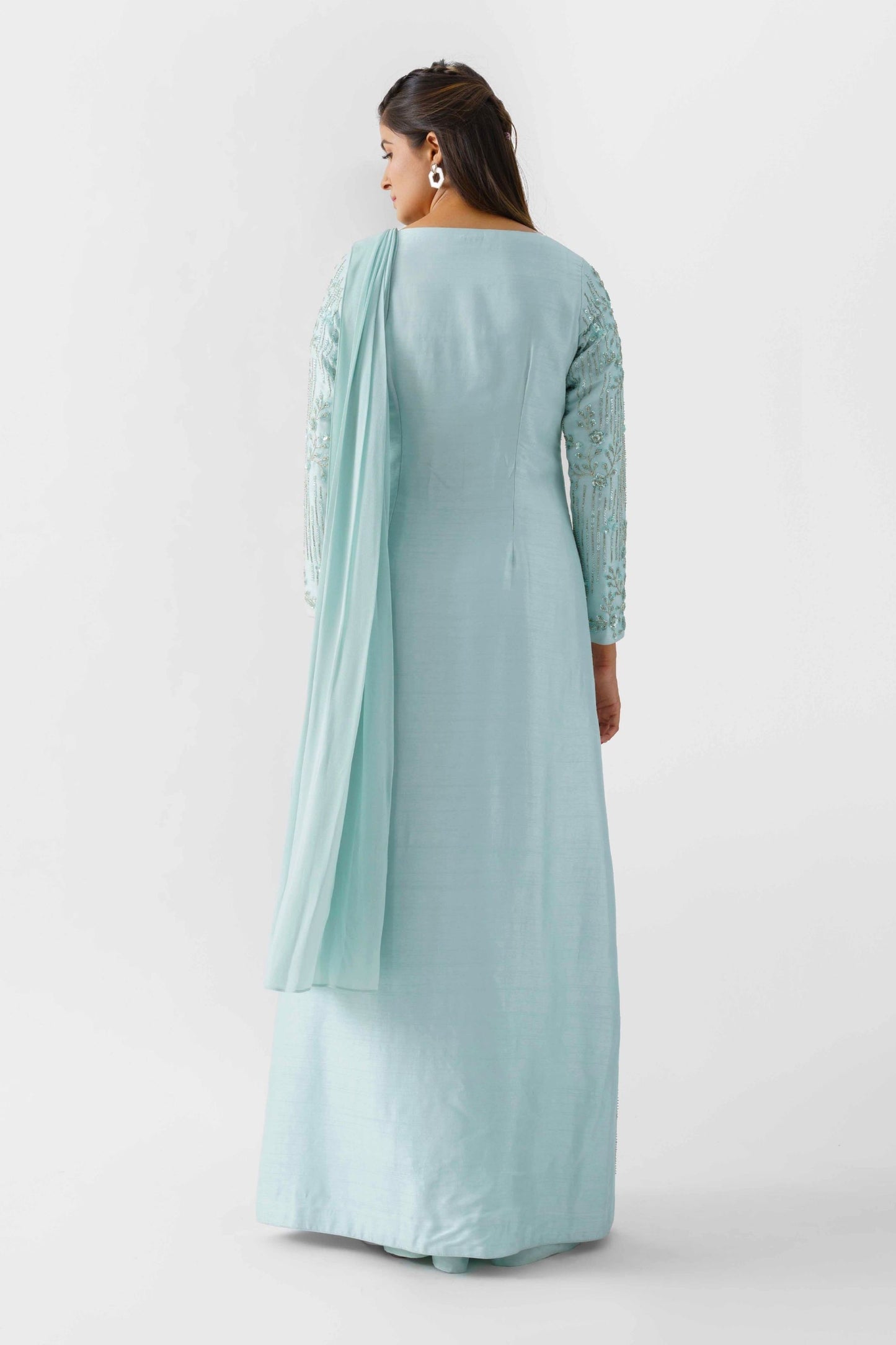 Light Blue Pre Draped Hand Embroidered Jacket Saree