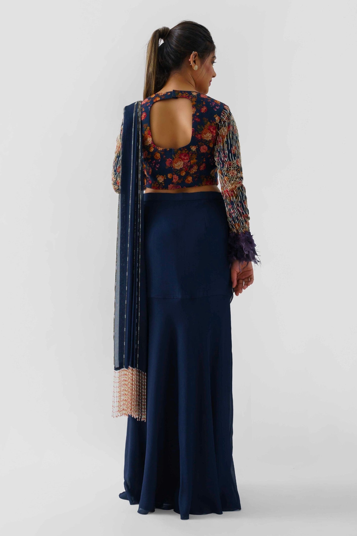 Navy Blue Pre Drape Skirt Saree