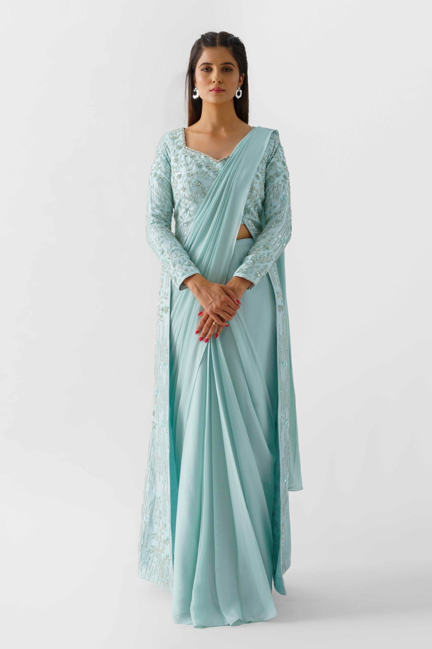Light Blue Pre Draped Hand Embroidered Jacket Saree