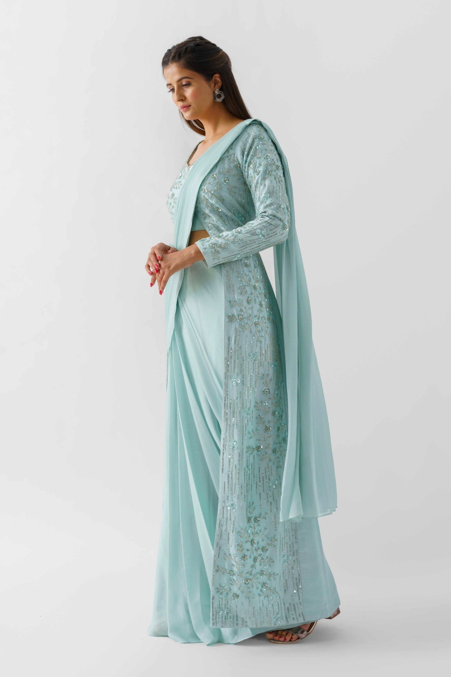 Light Blue Pre Draped Hand Embroidered Jacket Saree