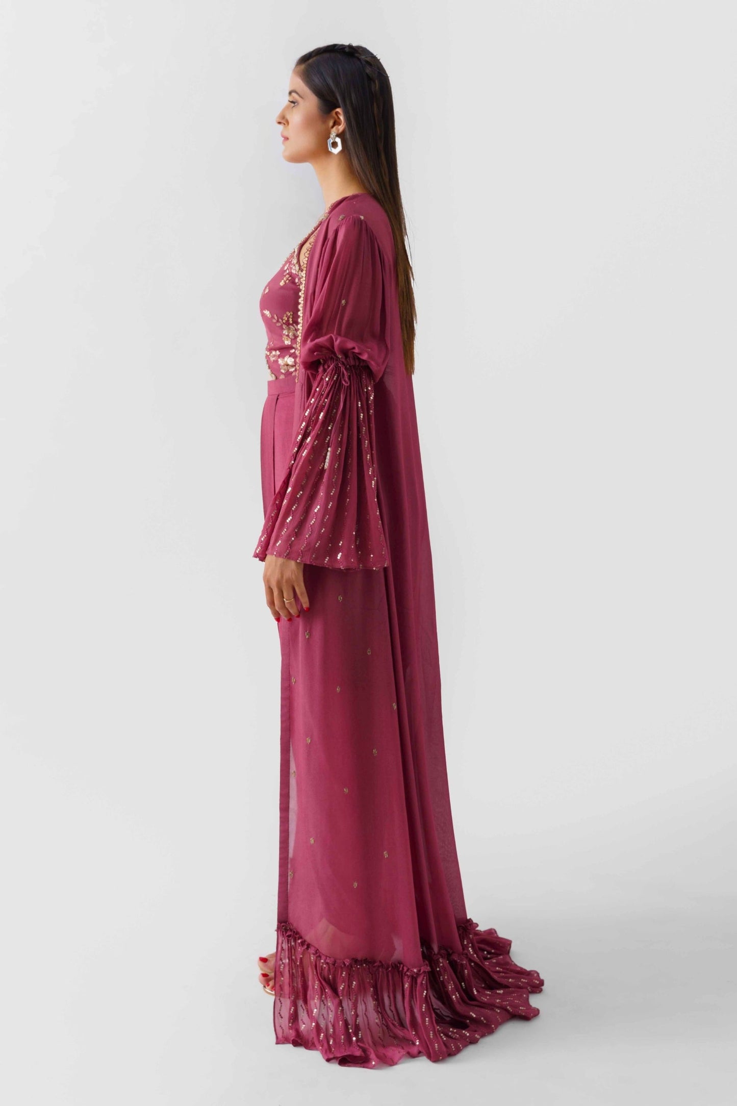 Mauve Drape Dress With Jacket Fusion Set