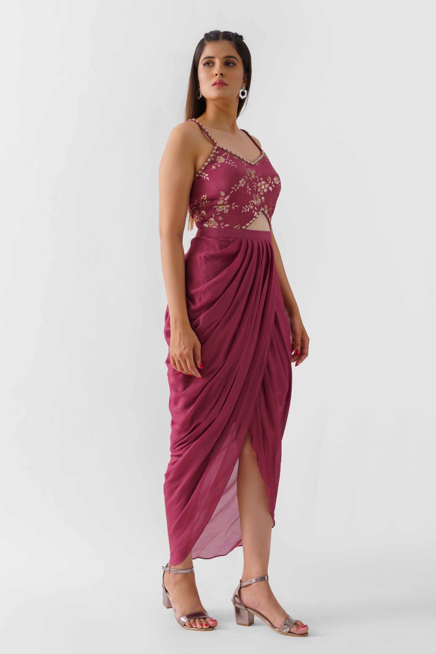 Mauve Drape Dress With Jacket Fusion Set