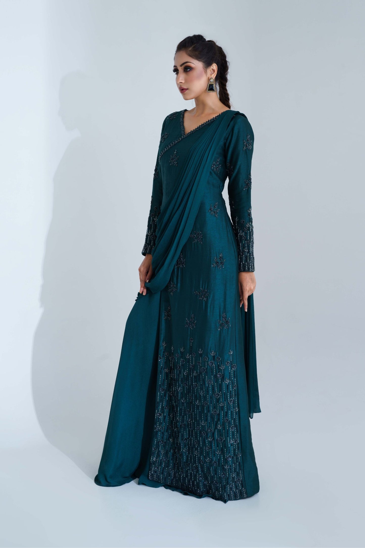 Bottle Green Pre Drape Jacket Saree
