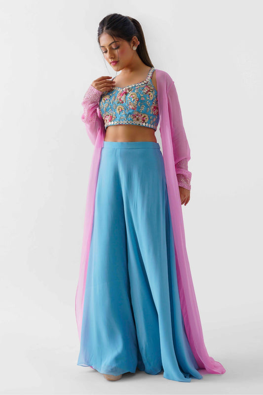 Blue & Pink Embroidered Jacket Set