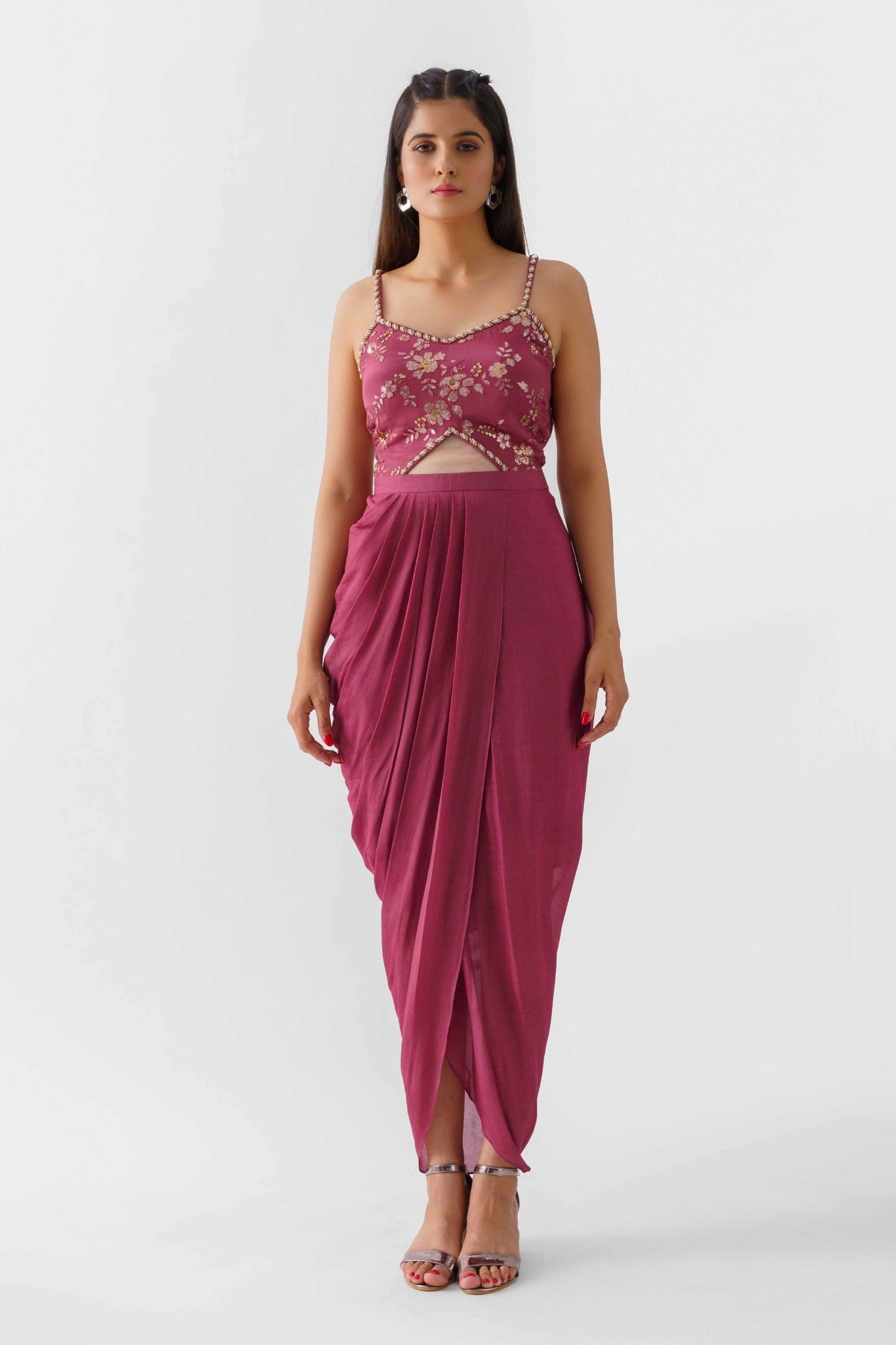 Mauve Drape Dress With Jacket Fusion Set