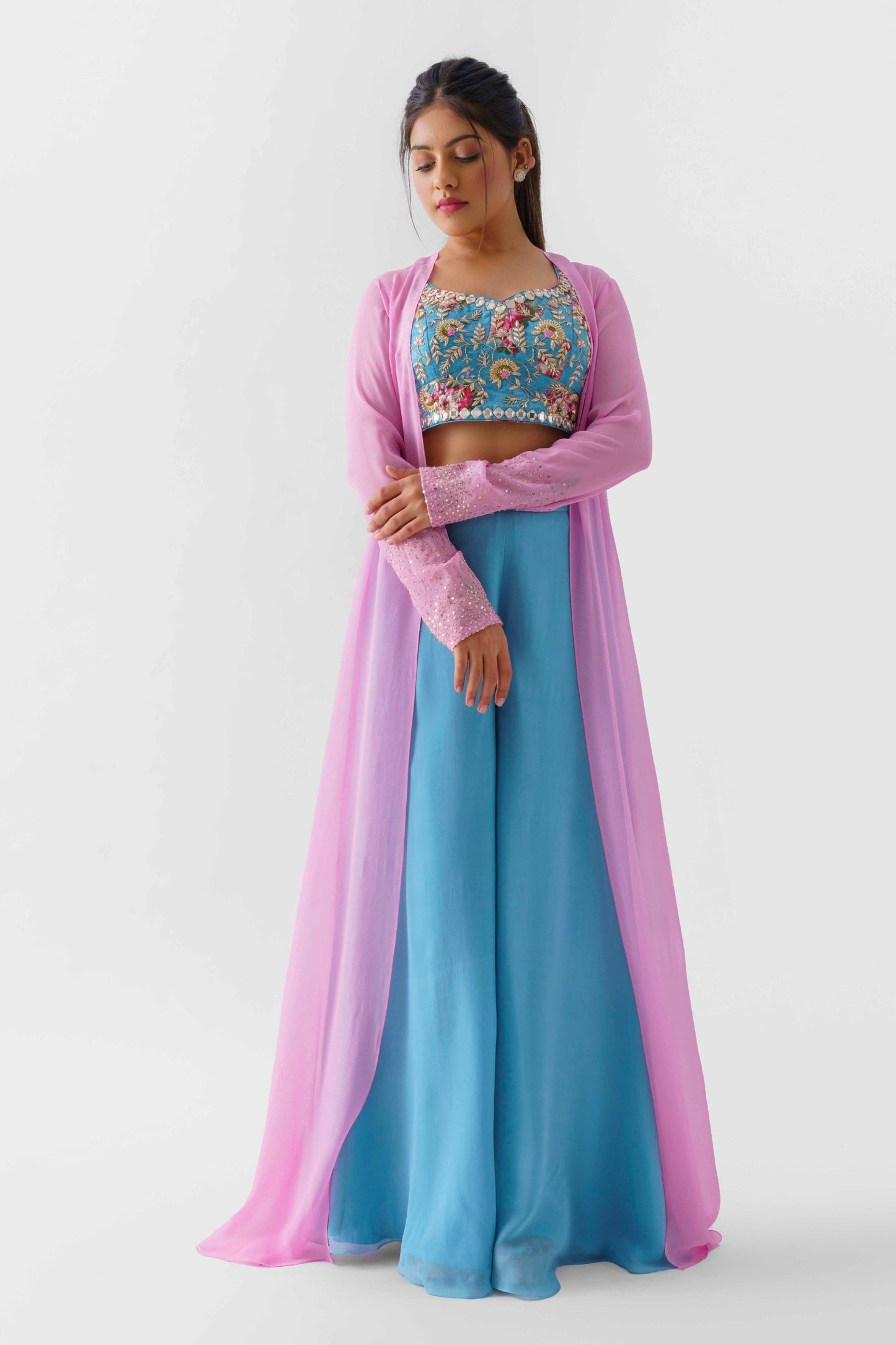 Blue & Pink Embroidered Jacket Set