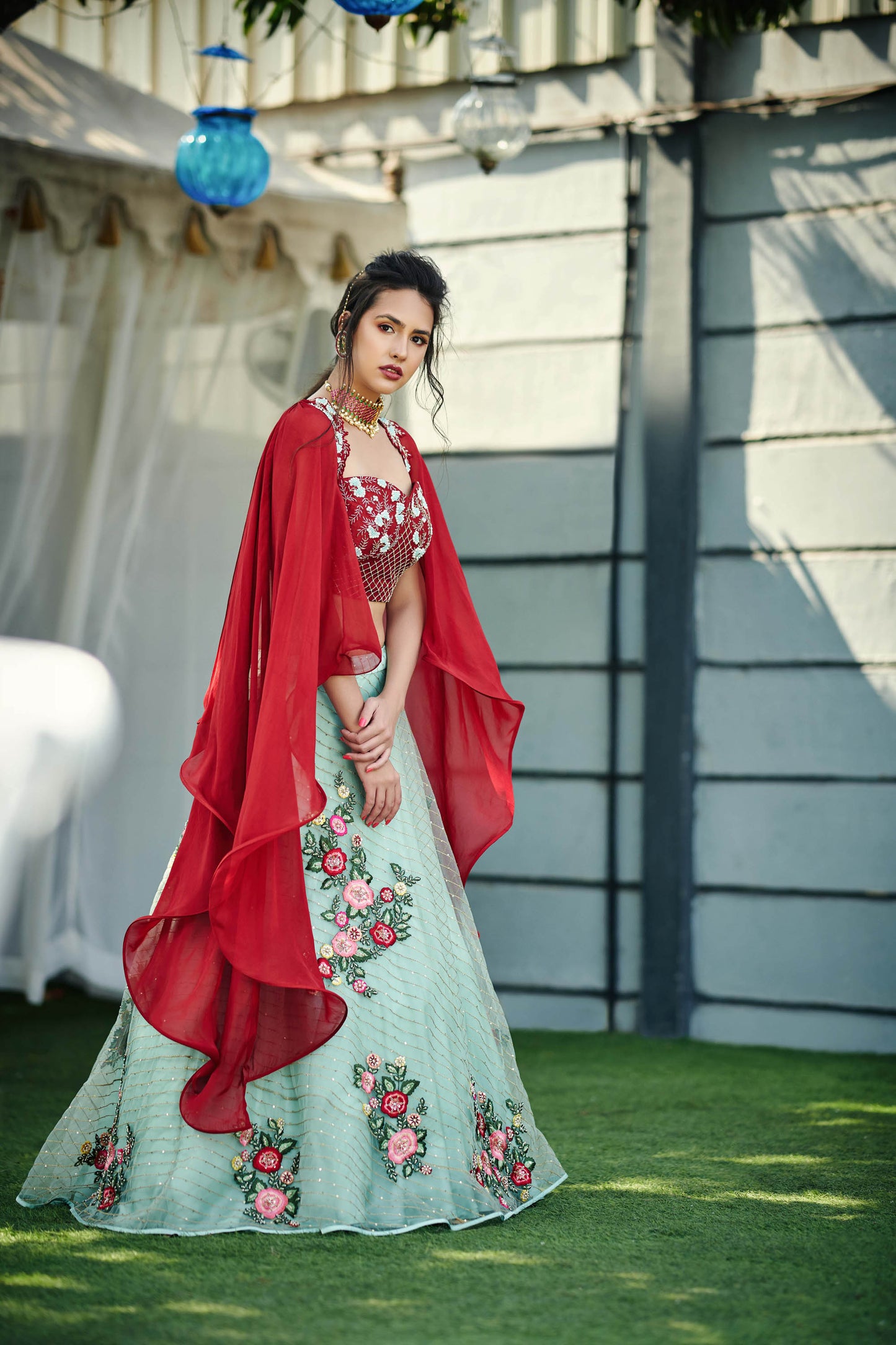 Sea Green & Maroon Tussar Silk Lehenga Set