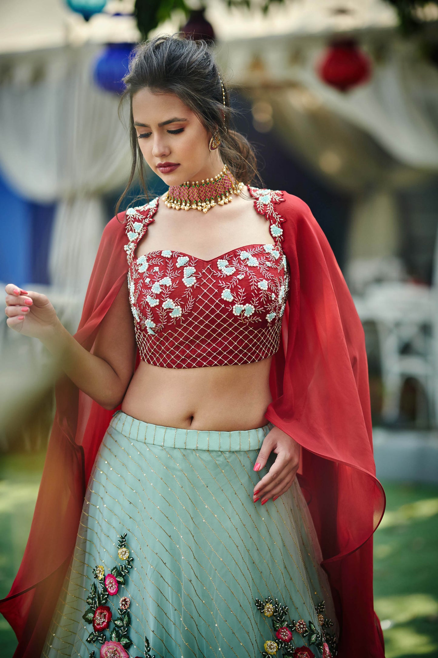 Sea Green & Maroon Tussar Silk Lehenga Set