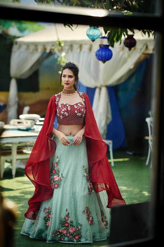 Sea Green & Maroon Tussar Silk Lehenga Set