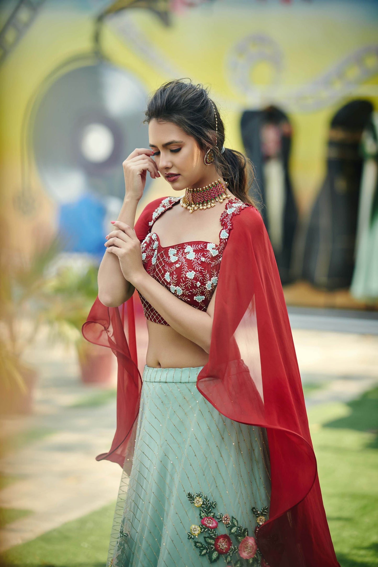 Sea Green & Maroon Tussar Silk Lehenga Set