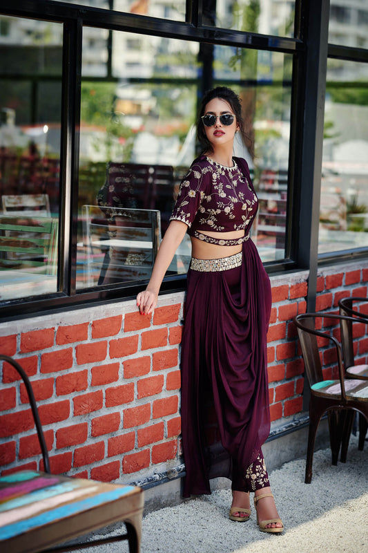 Wine Satin Silk Pant Saree Set