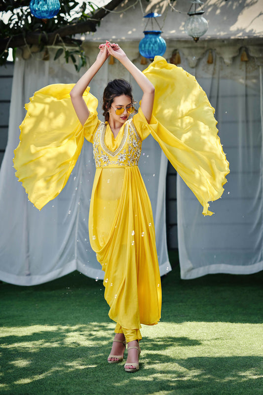 Yellow Georgette Crepe Pant Set