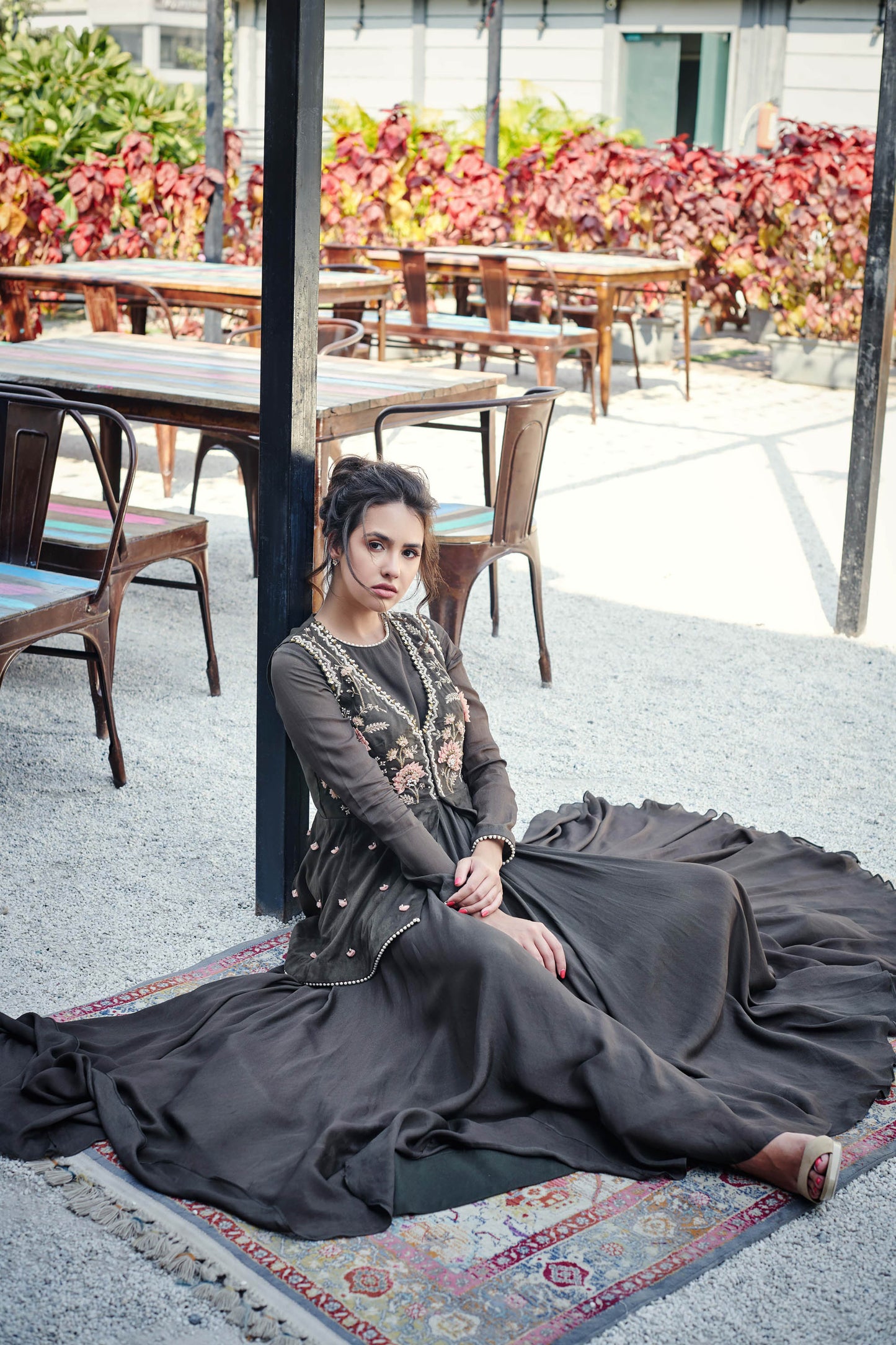 Khaki-Colored Flared Anarkali With Jacket