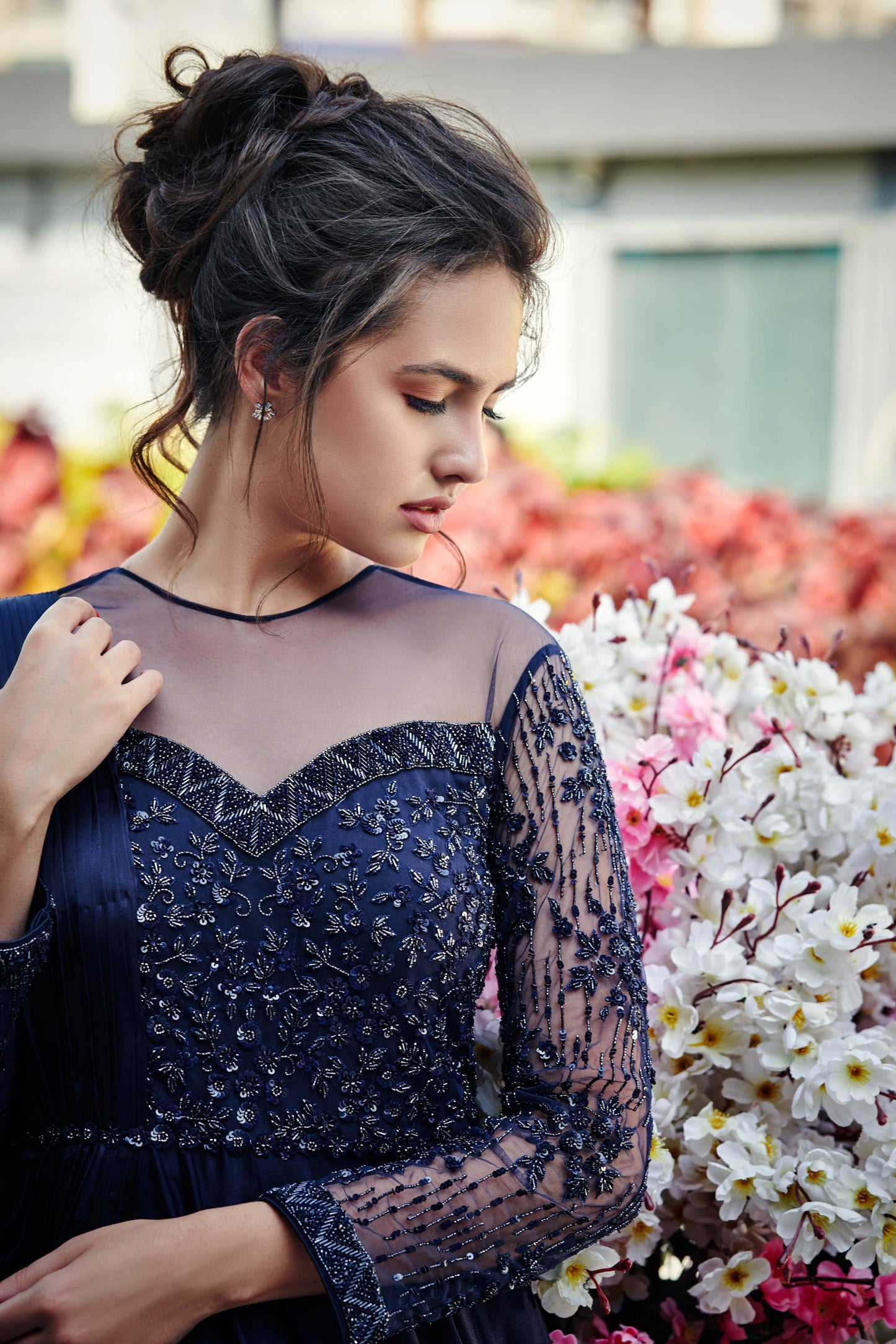 Navy Blue Hand Embroidered Pleated Gown