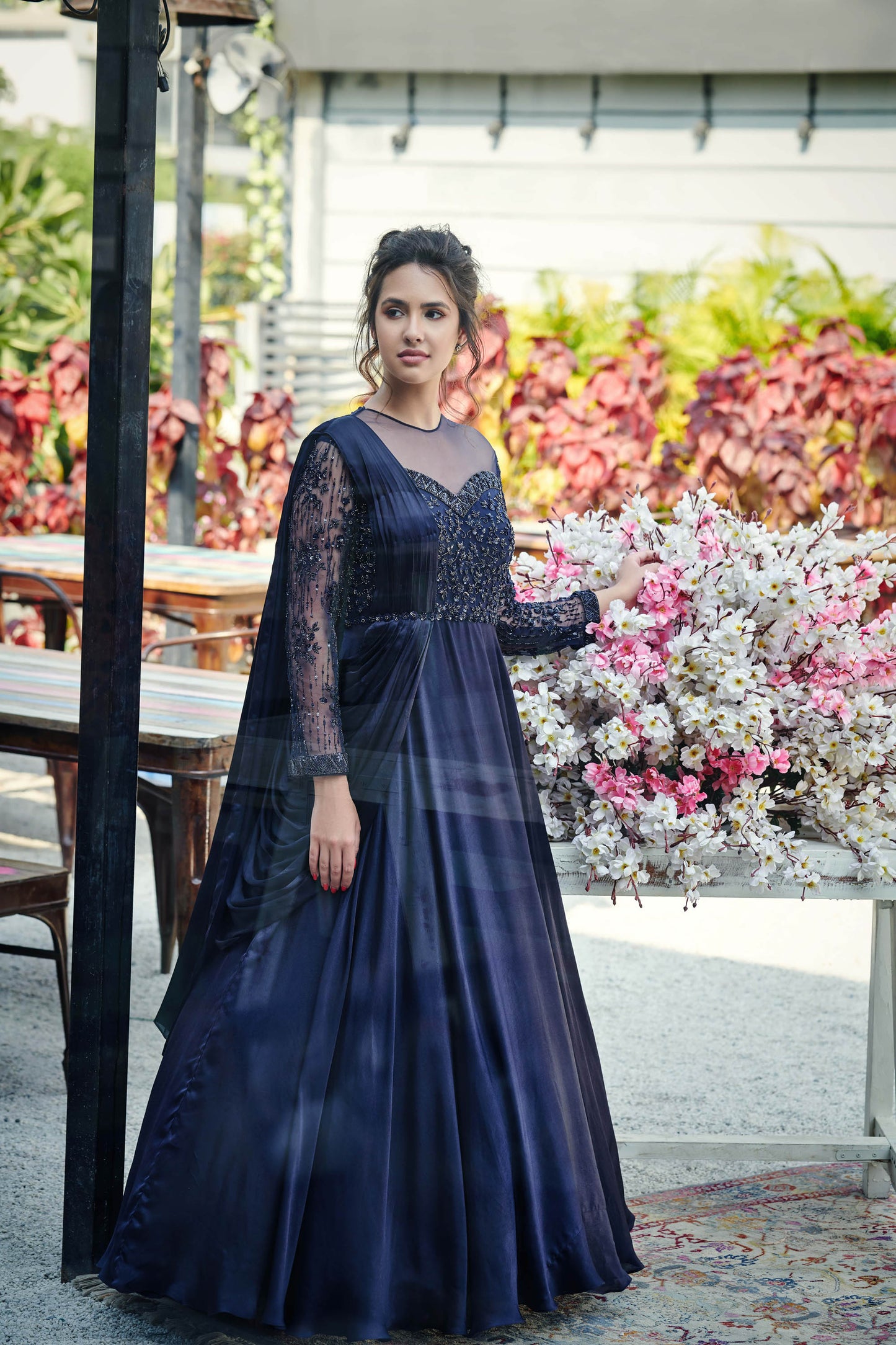 Navy Blue Hand Embroidered Pleated Gown