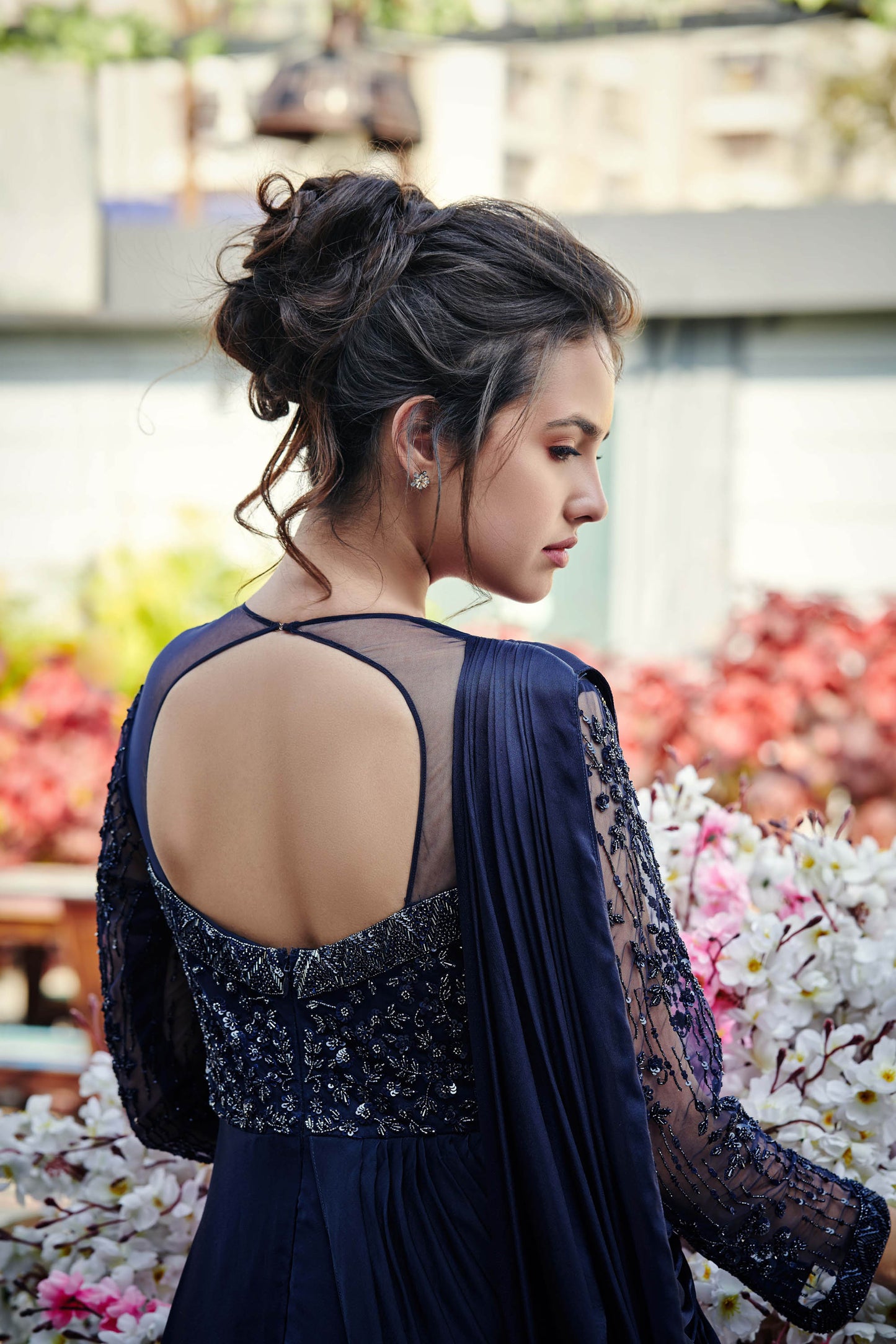 Navy Blue Hand Embroidered Pleated Gown