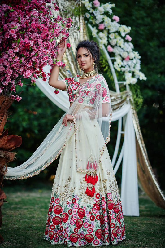 Cream Sequins Embroidered Lehenga Set