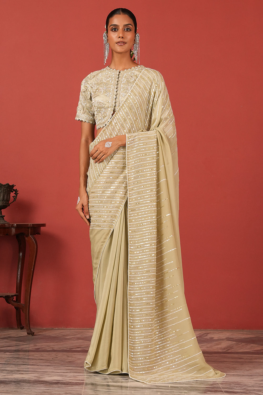 Hand-Embroidered Cutwork Blouse with Sequin Saree Set