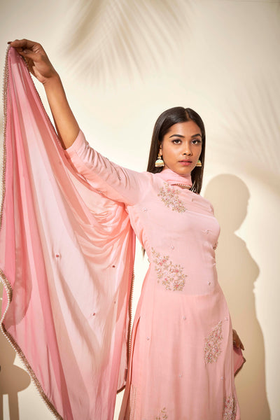 Pink Flared Sharara Set With Thread Work