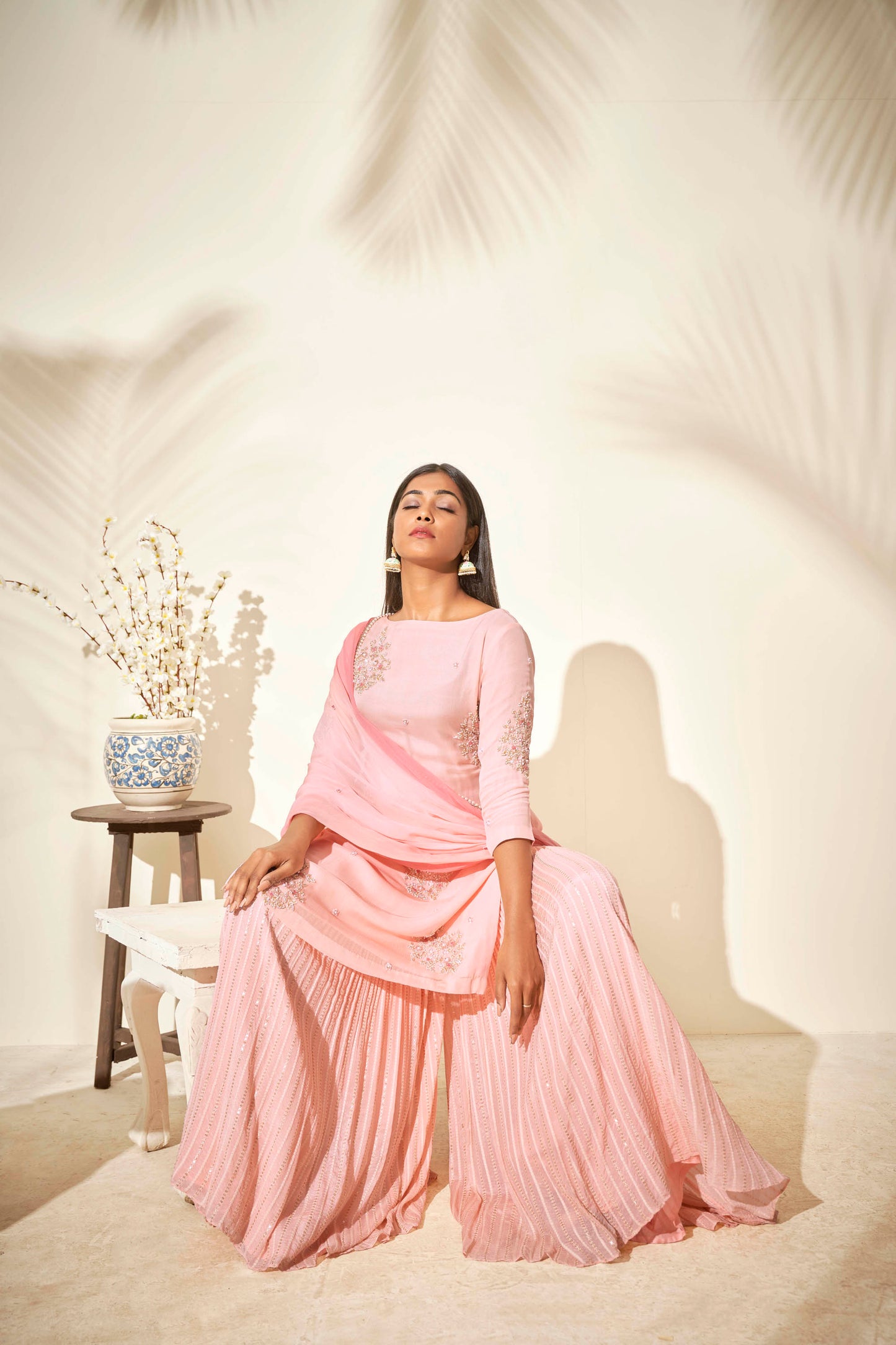 Pink Flared Sharara Set With Thread Work