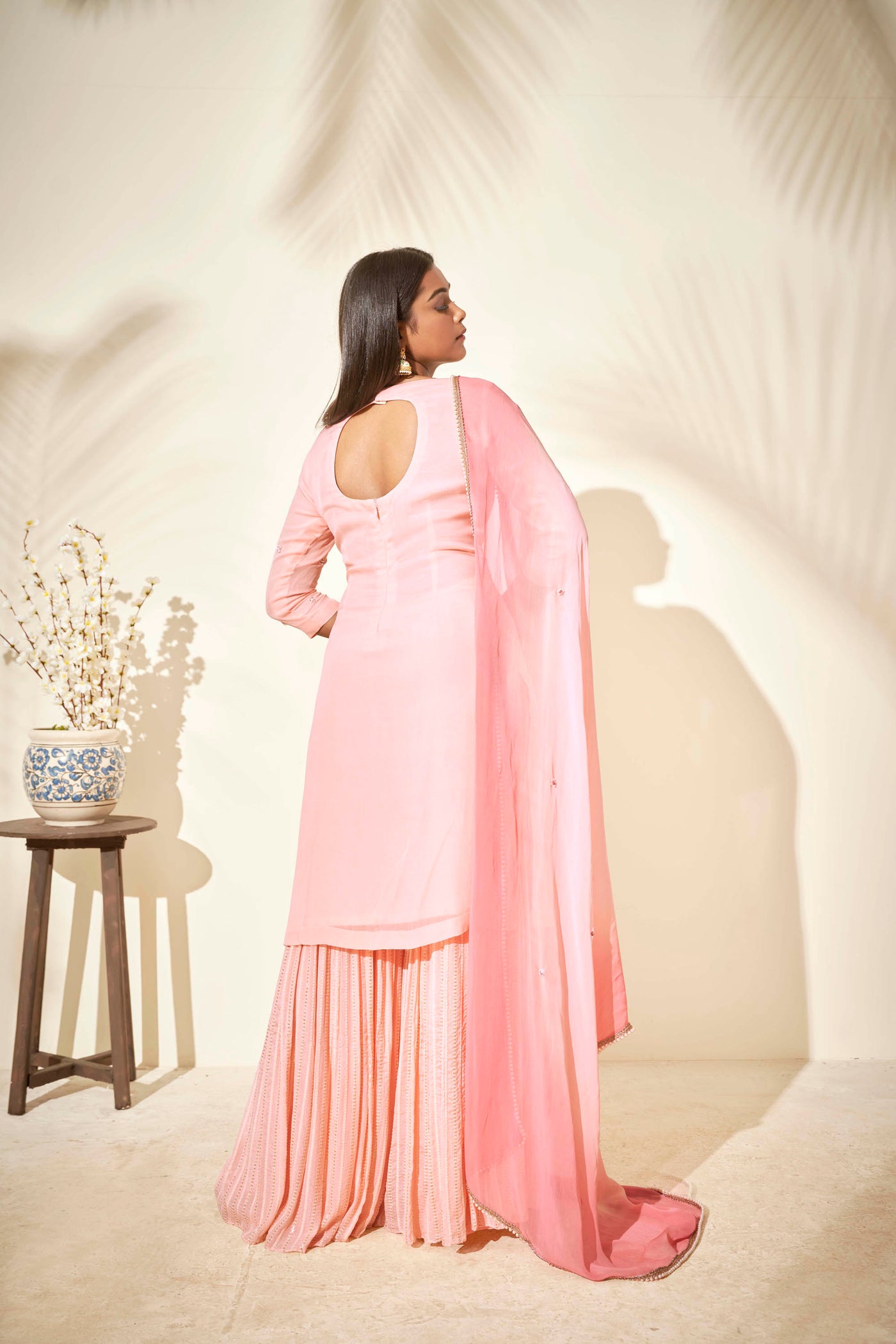 Pink Flared Sharara Set With Thread Work