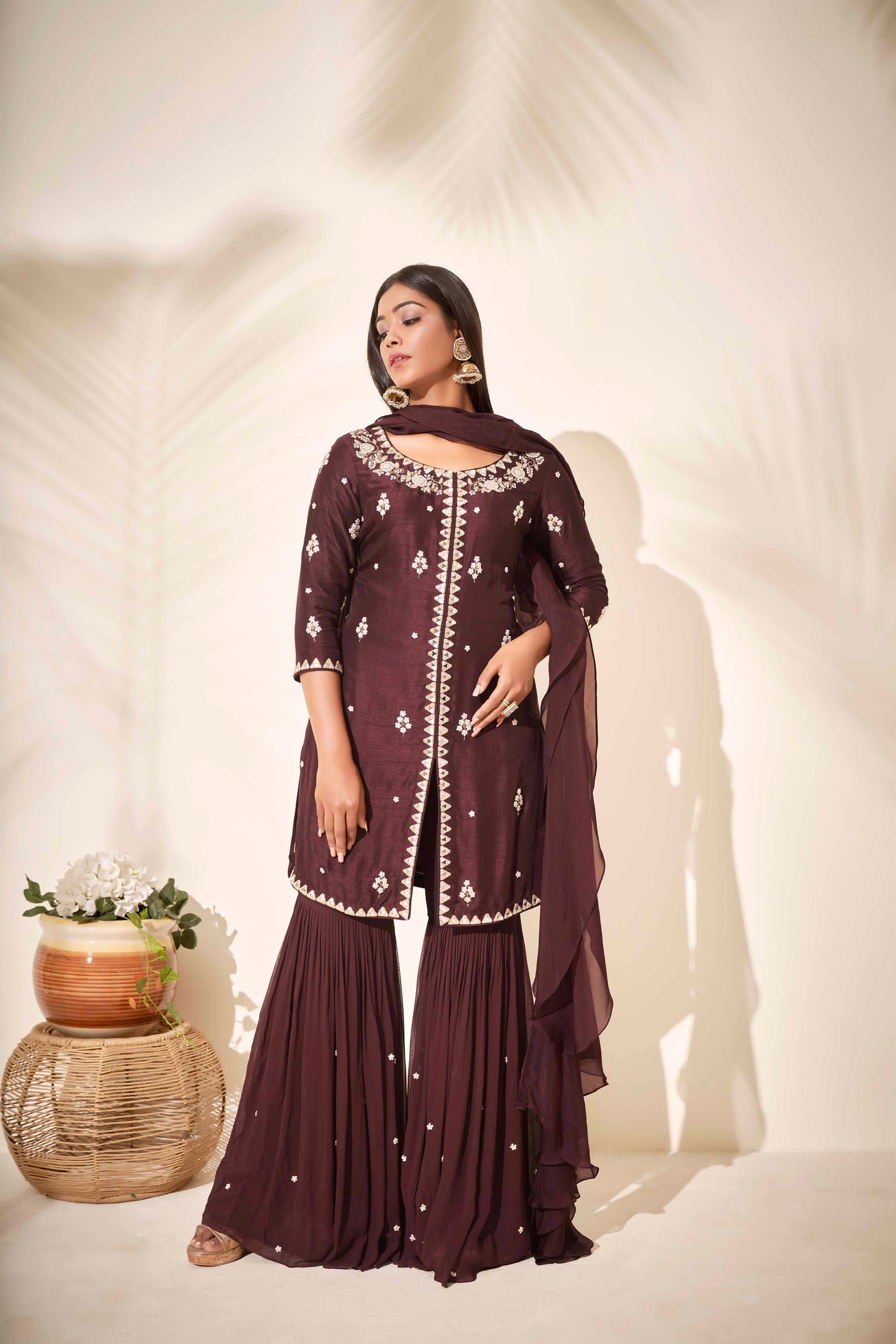 Brown Tussar Silk Flared Sharara Set