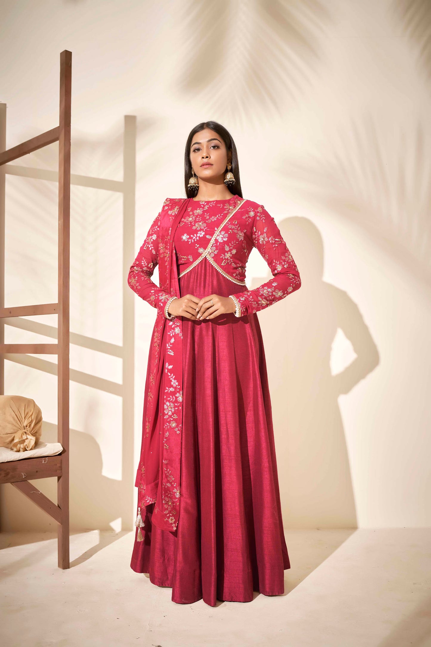 Wine Embroidered Flared Anarkali Set