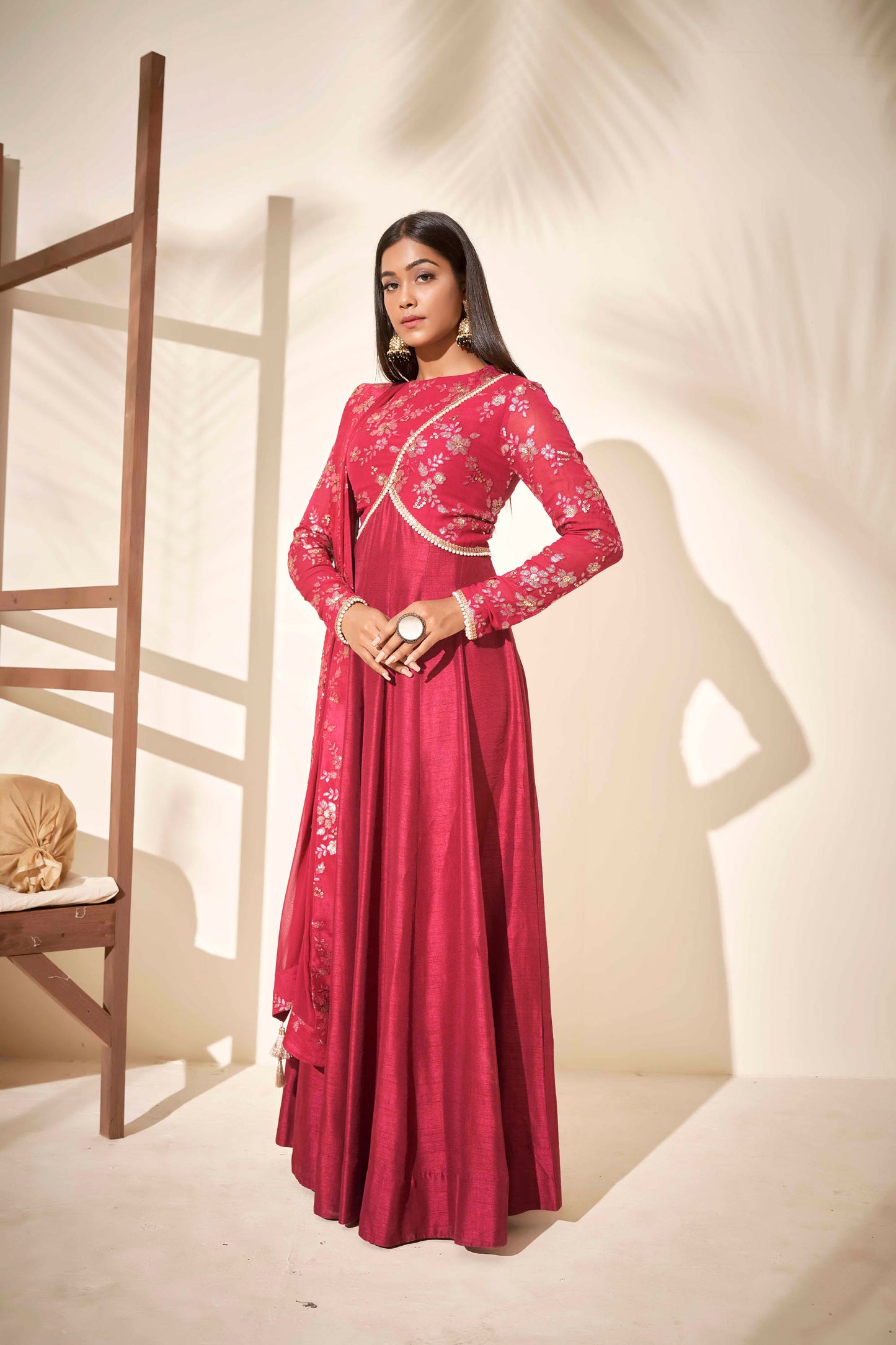 Wine Embroidered Flared Anarkali Set