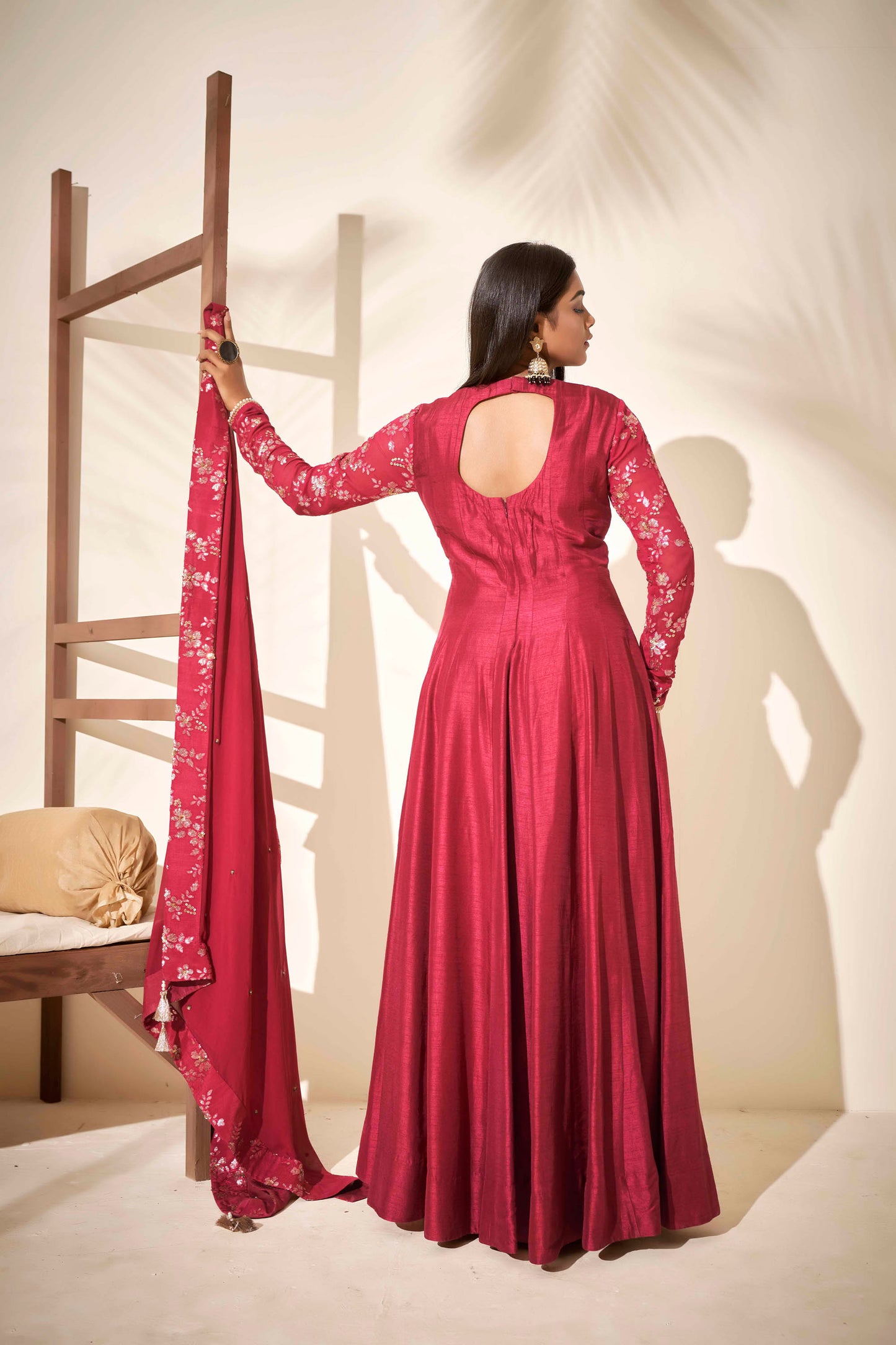 Wine Embroidered Flared Anarkali Set