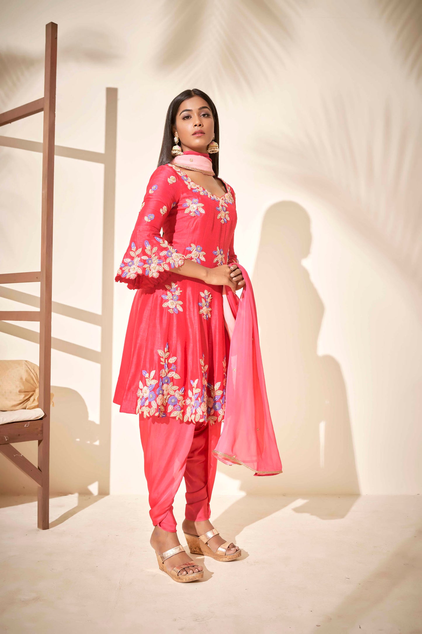 Pink Thread Embroidered Short Anarkali Set