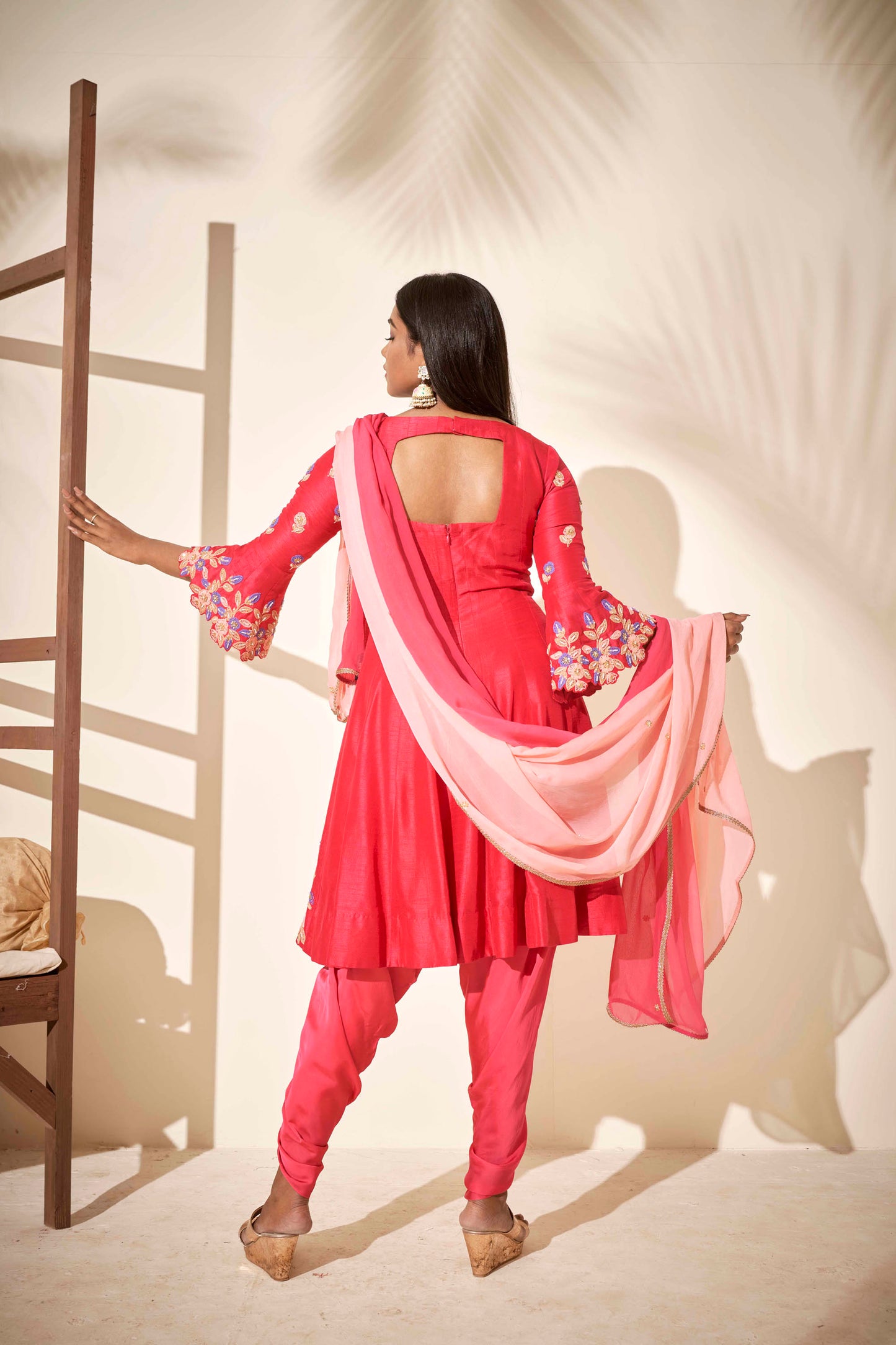 Pink Thread Embroidered Short Anarkali Set