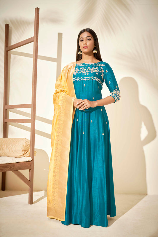 Teal Blue Handcrafted Anarkali Set