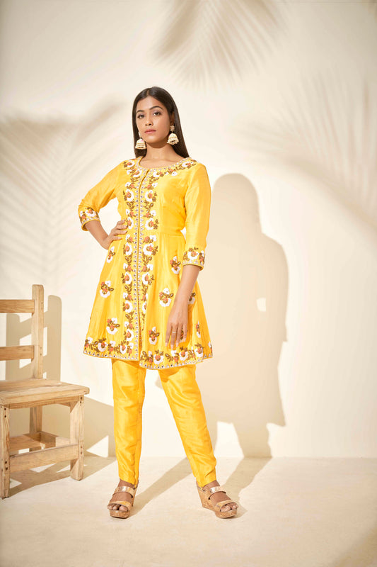 Yellow Motif Embroidered Kurta Set