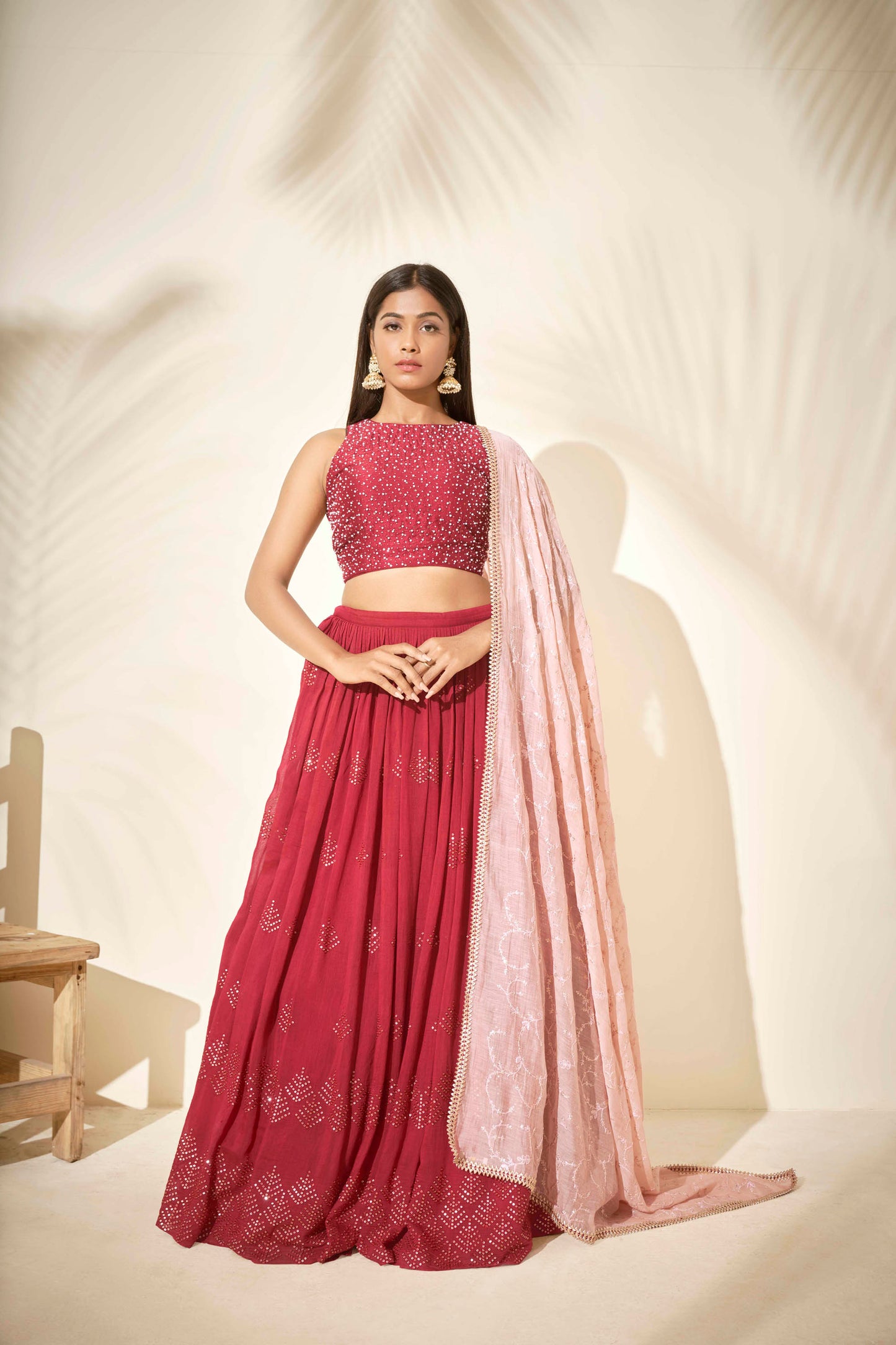 Cherry Red Embroidered Lehenga Set