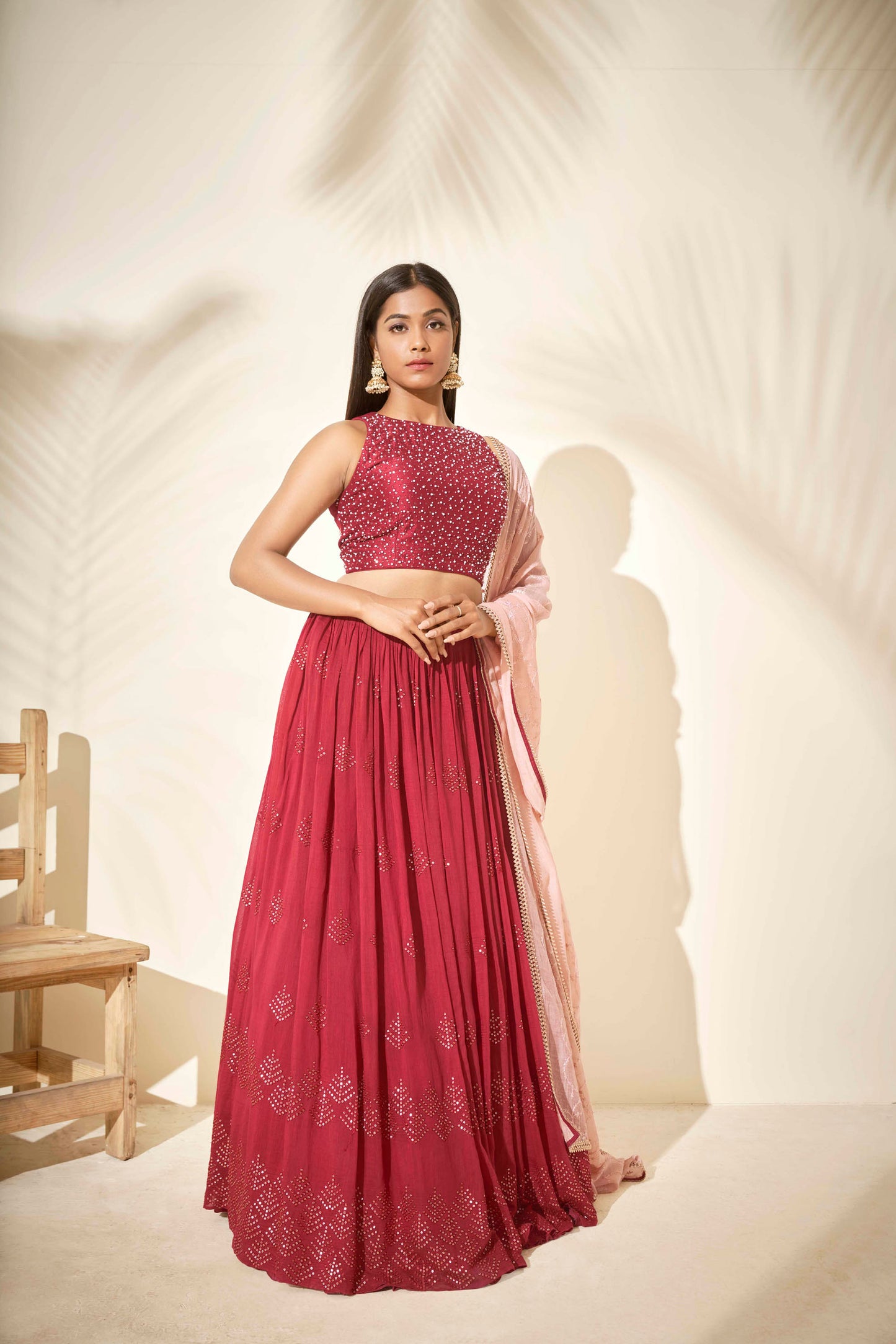 Cherry Red Embroidered Lehenga Set